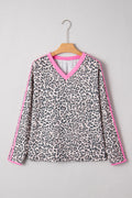 Khaki Leopard Print Contrast V Neck Varsity Stripe Detail Long Sleeve Top