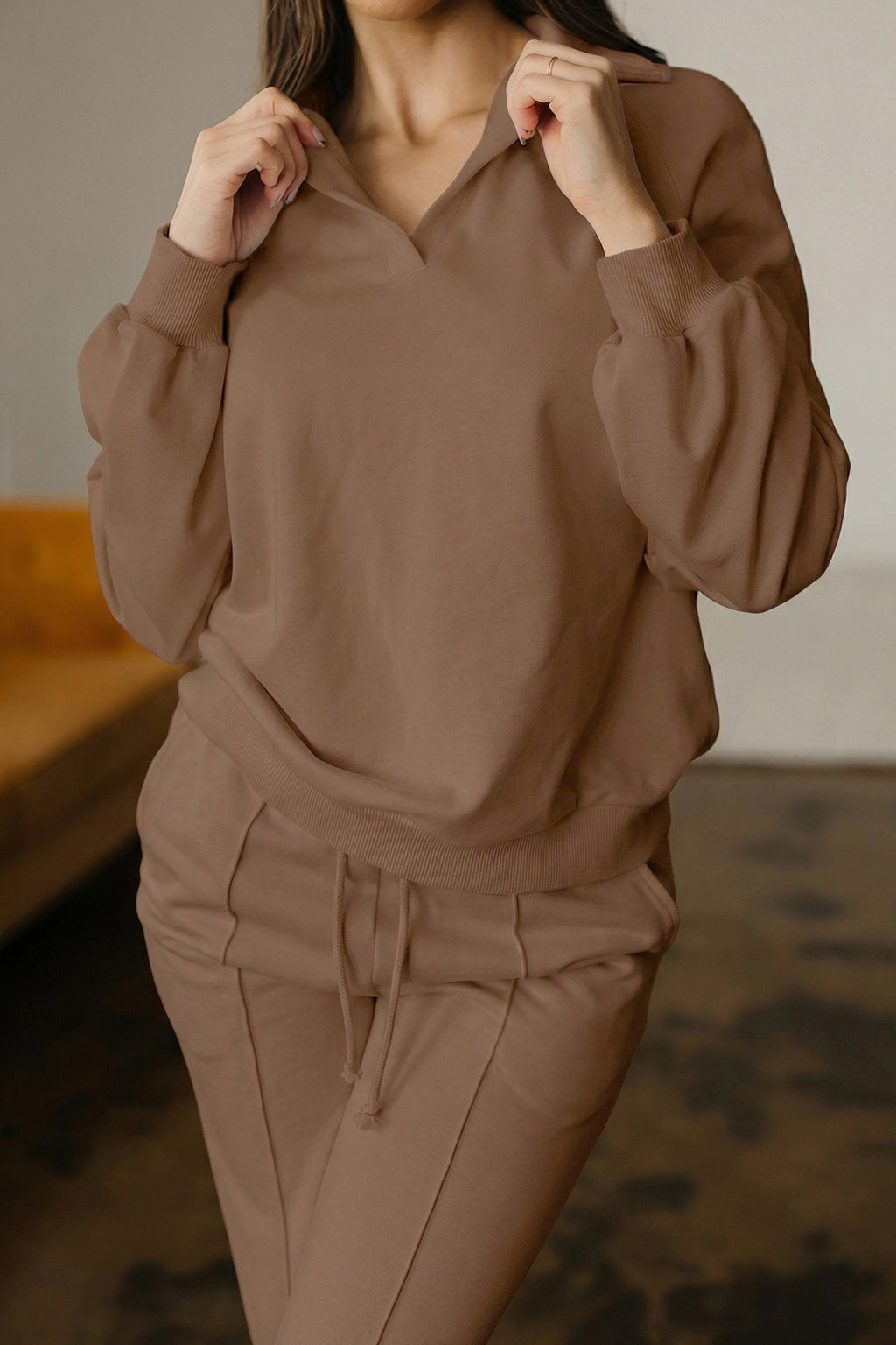 Bright Pink Polo Collar V Neck Pullover and Drawstring Sweatpants Set