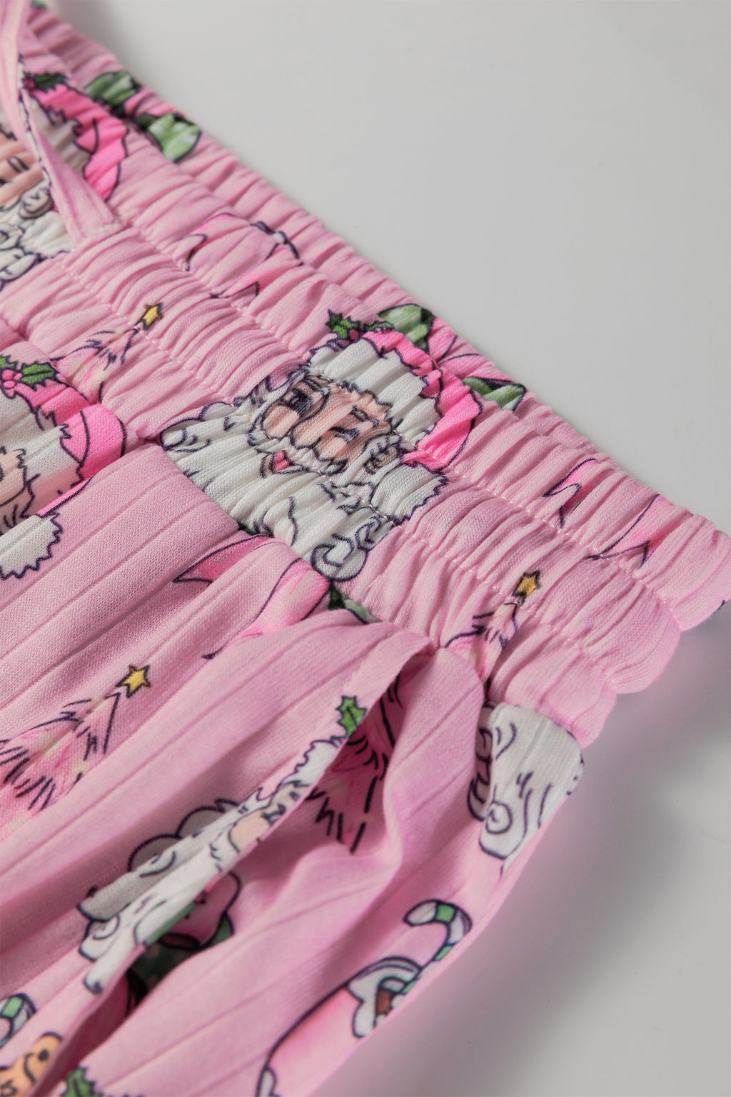 Pink Christmas Print Ruffled Ribbed Shirt & Pants 2 Piece PJ Set