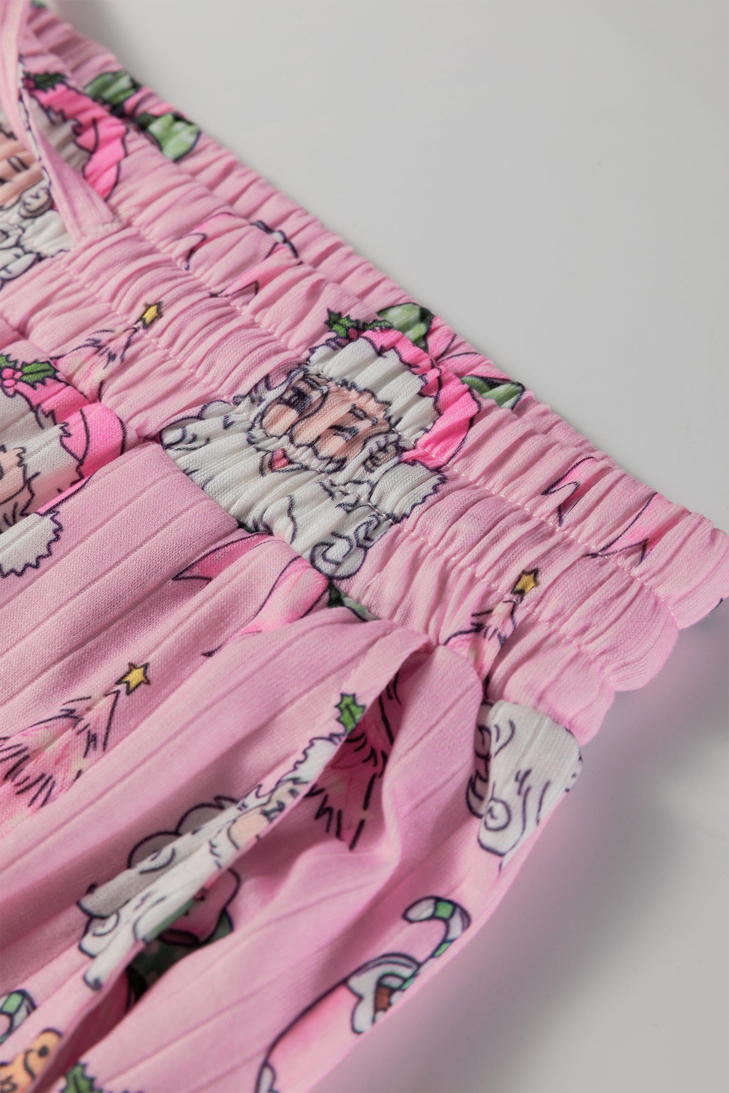 Pink Christmas Print Ruffled Ribbed Shirt & Pants 2 Piece PJ Set