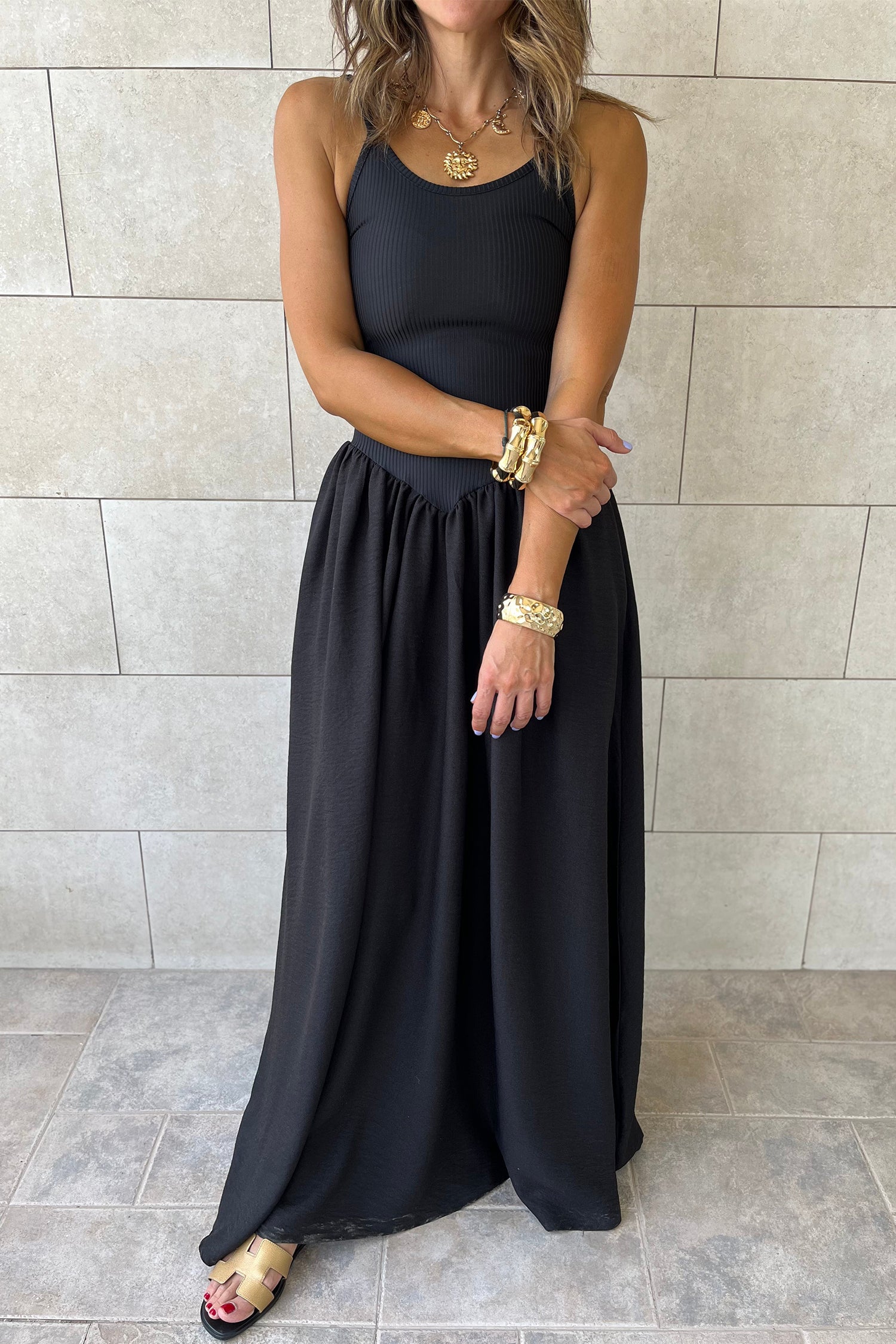 Black Spaghetti Straps Drop Waist Ribbed Patchwork Maxi Dress