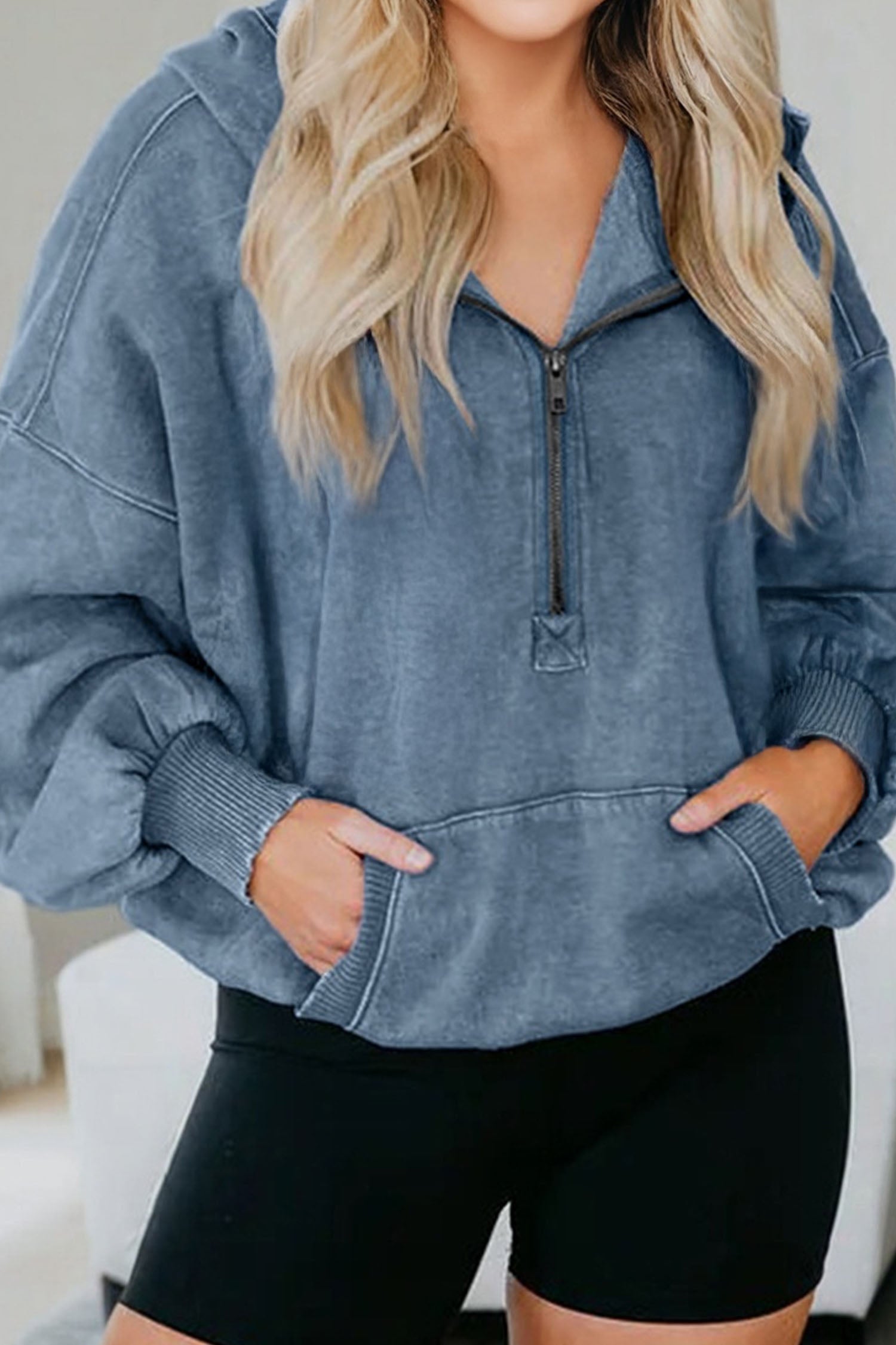 Ashleigh Blue Half Zip Kangaroo Pocket Mineral Wash Baggy Hoodie