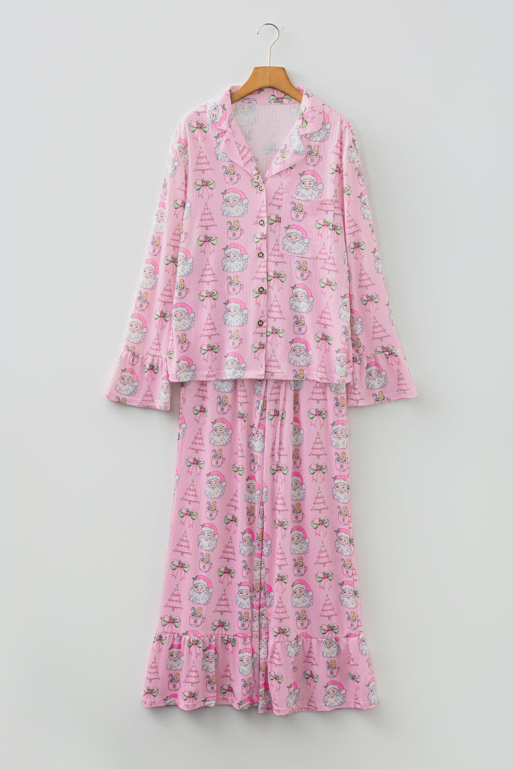 Pink Christmas Print Ruffled Ribbed Shirt & Pants 2 Piece PJ Set