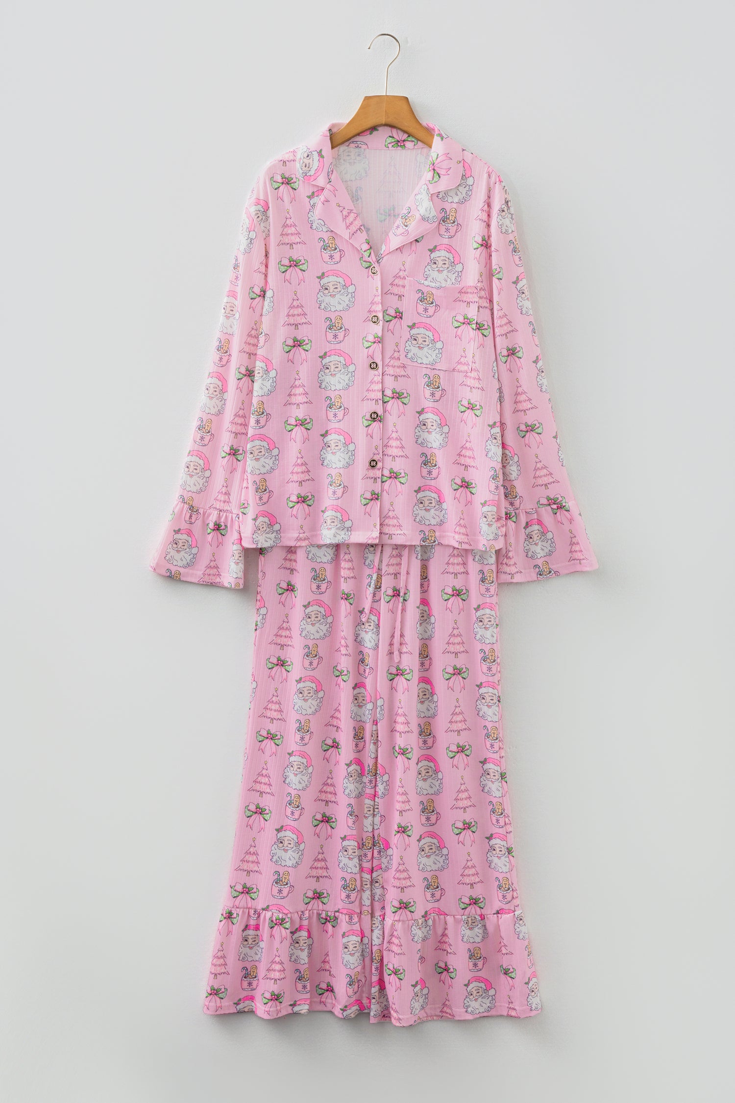 Pink Christmas Print Ruffled Ribbed Shirt & Pants 2 Piece PJ Set