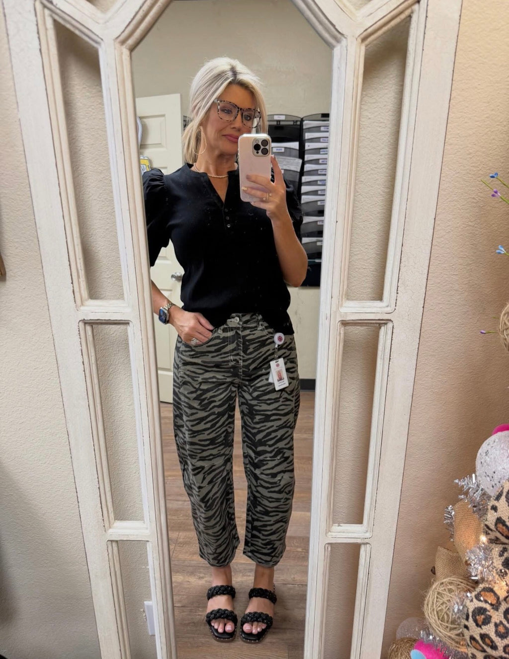 Gray Zebra Stripe Printed Wide Leg Jeans