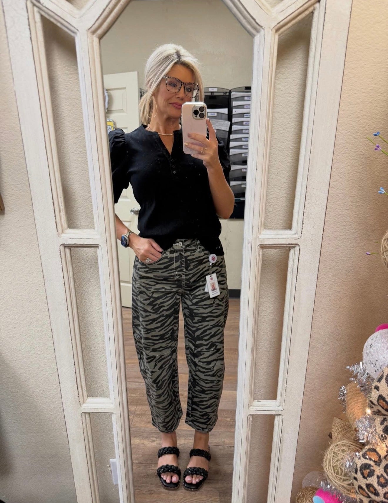 Gray Zebra Stripe Printed Wide Leg Jeans