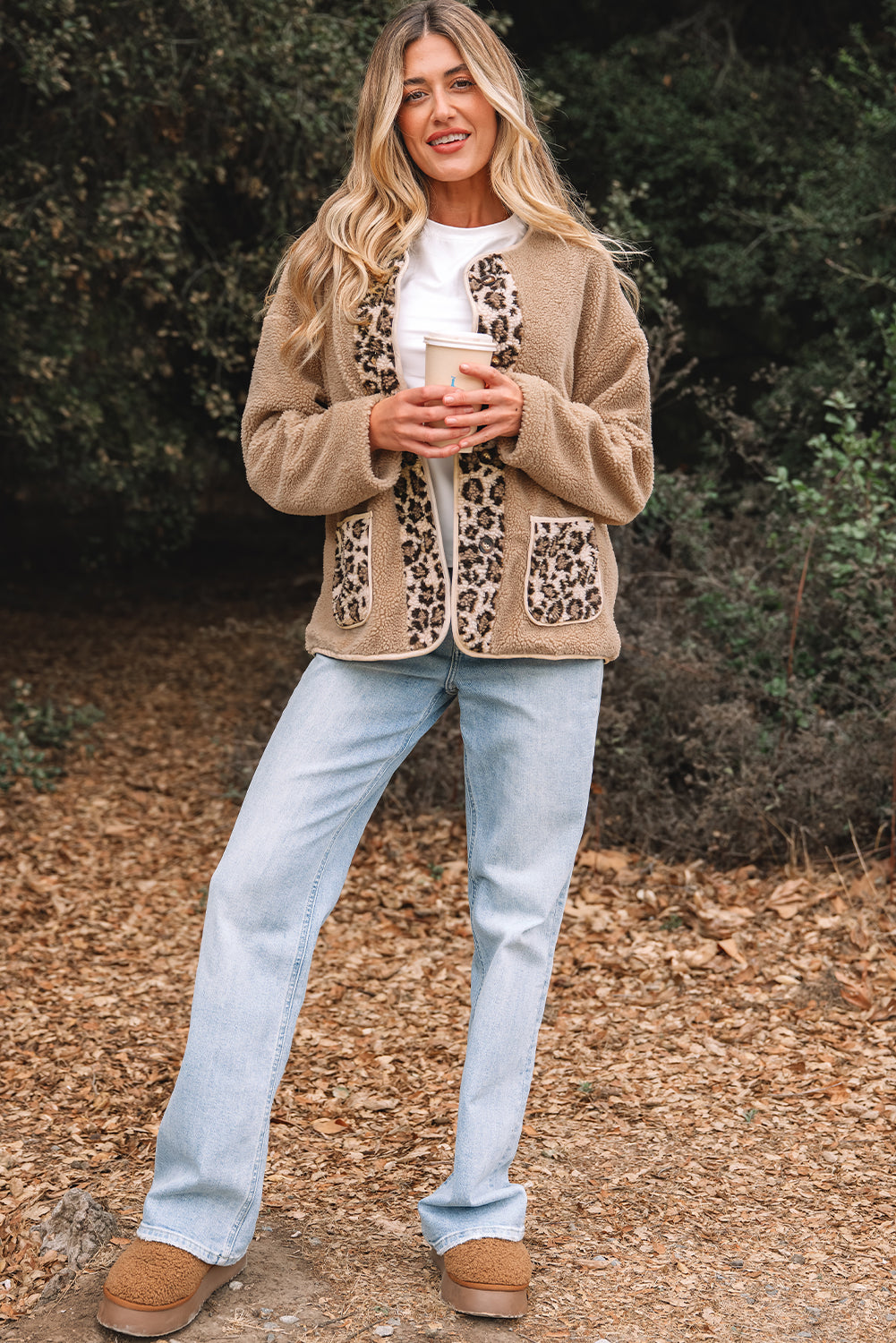 Casual Leopard Print Accent Plush Jacket with Pockets