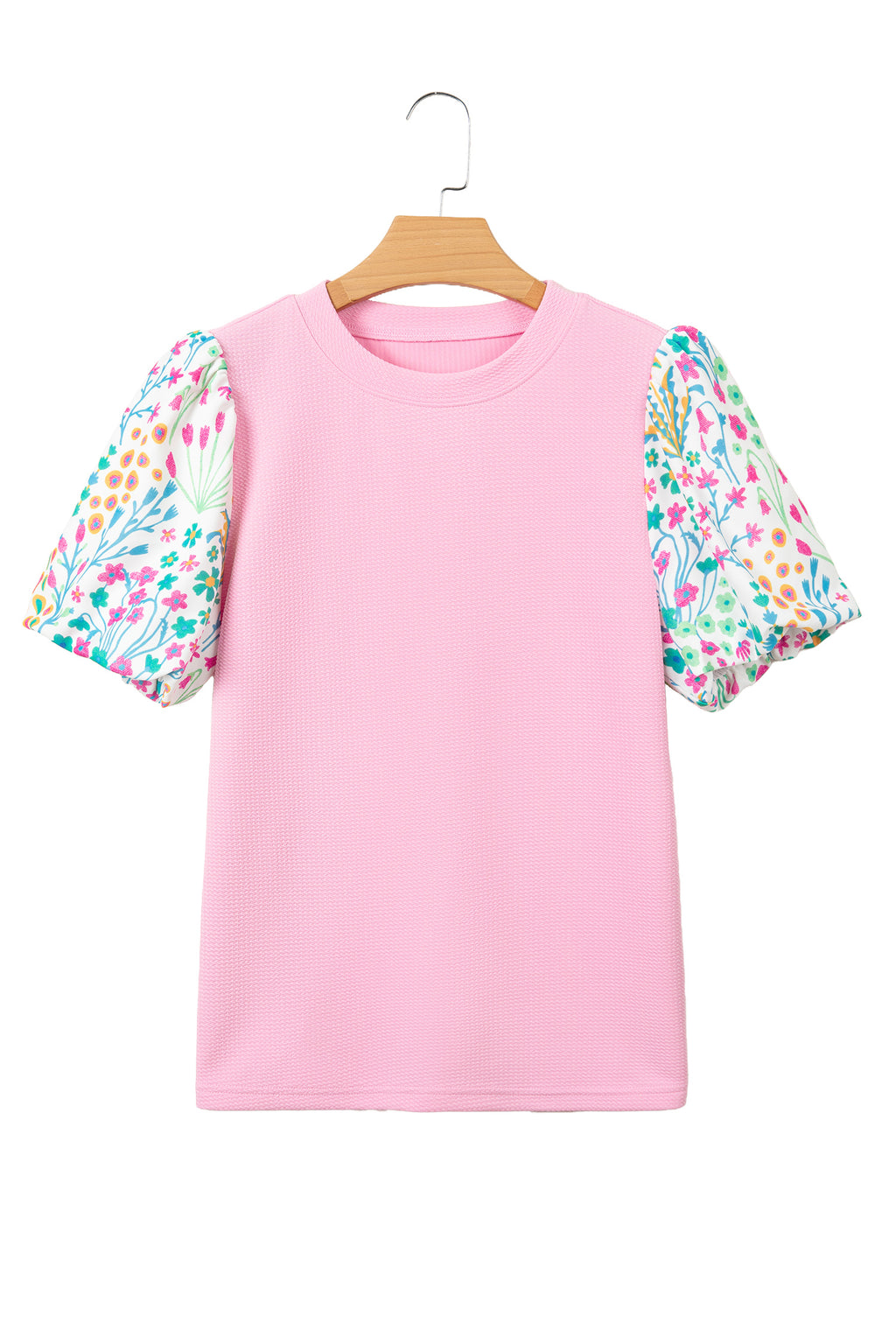 Light Blue Round Neck Textured Contrast Floral Bubble Sleeve Blouse