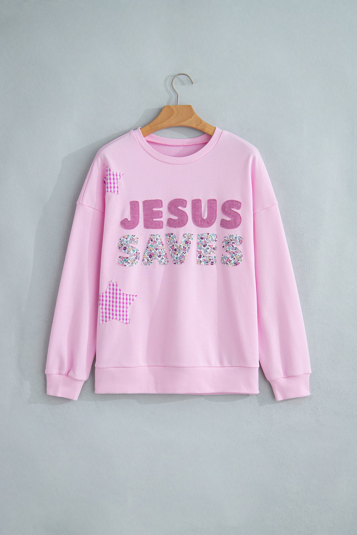 Pink Patchwork Stars Plaid Unique Floral Letters Baggy Sweatshirt
