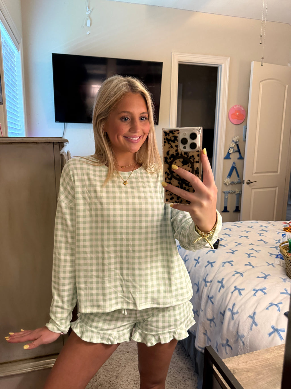 Green Gingham Long Sleeve Loose Top Drawstring Shorts 2pcs Lounge Set