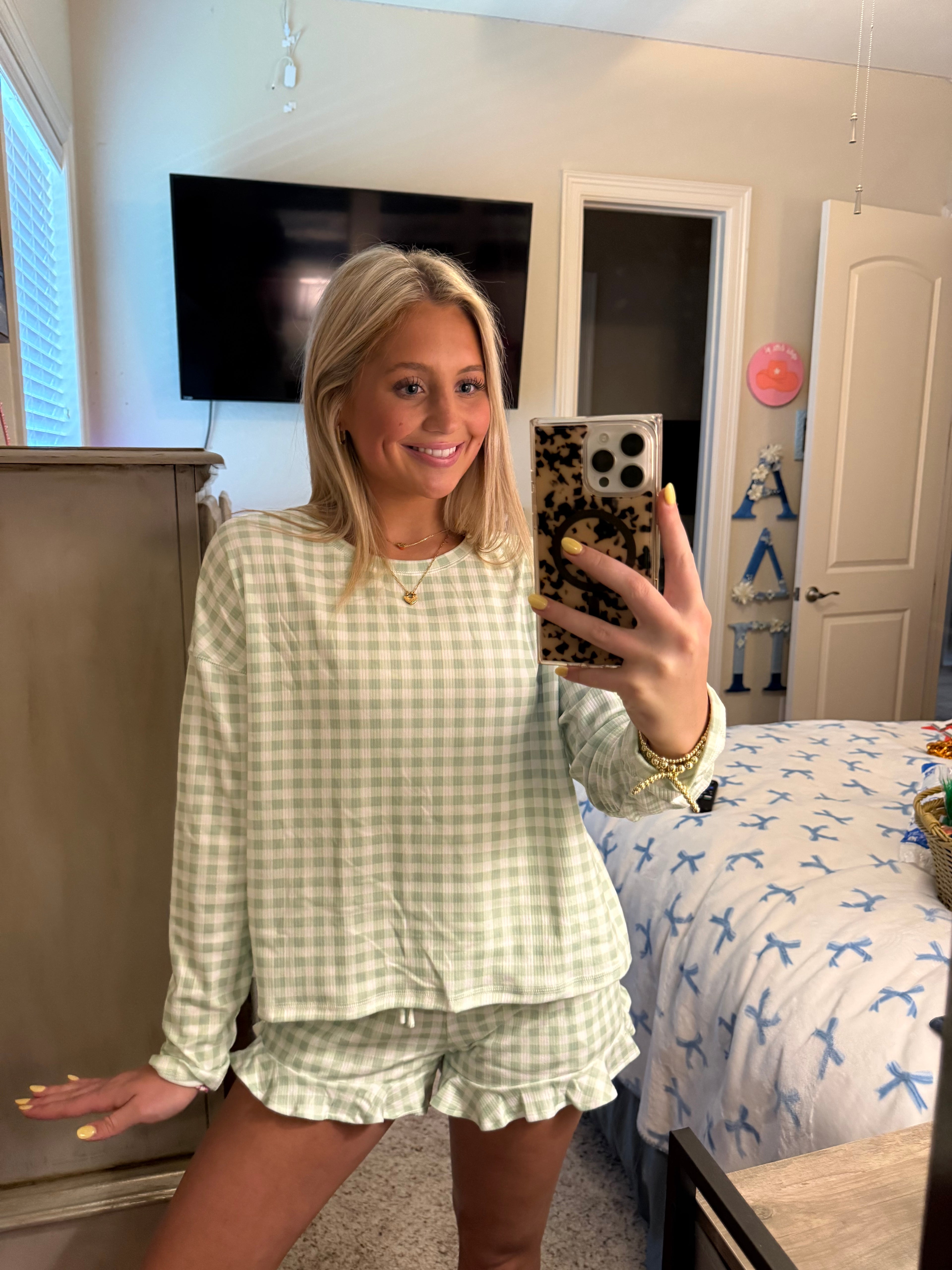 Green Gingham Long Sleeve Loose Top Drawstring Shorts 2pcs Lounge Set