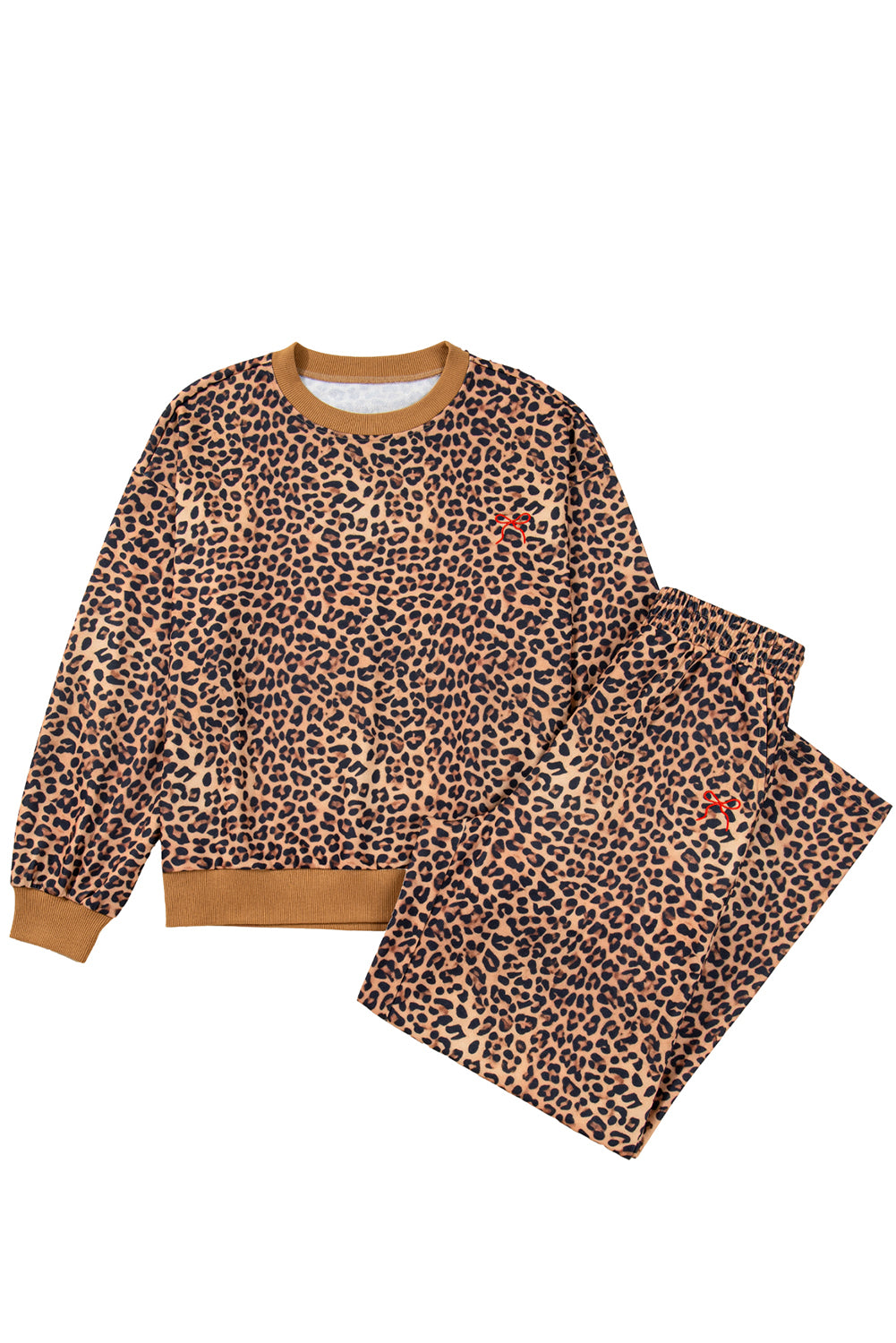 Khaki Leopard Pullover and Pants 2pcs Outfit with Bow Embroidery