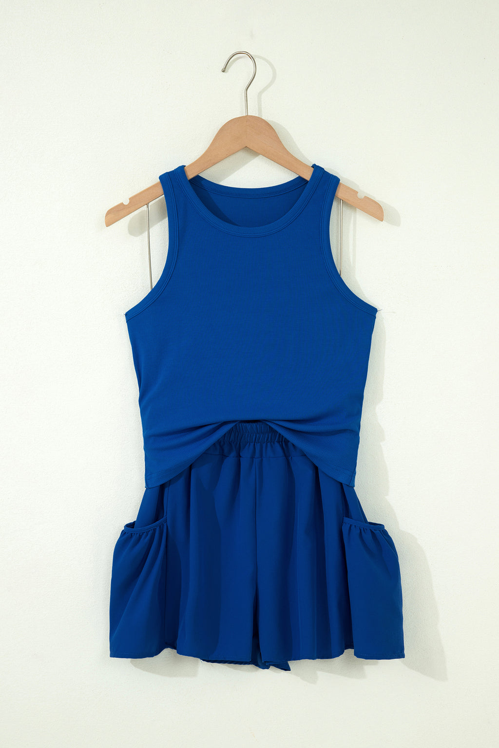 Mist Blue Ribbed Slim Tank Pocketed Wide Leg Shorts Set