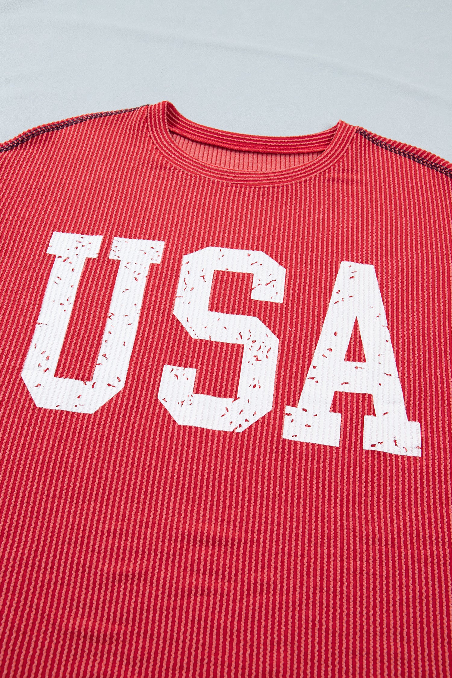 White USA Graphic Half Sleeve Loose Ribbed Top