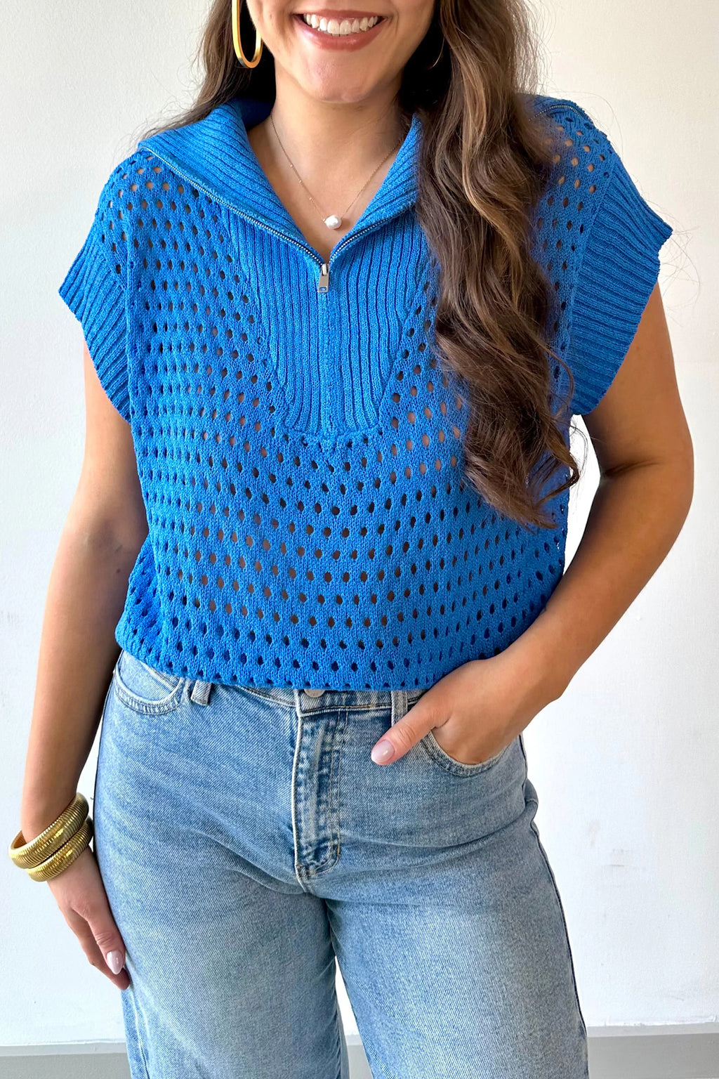 Fiery Red Solid Color Hollowed Knit Short Sleeve Zipper Collar Knitwear Top