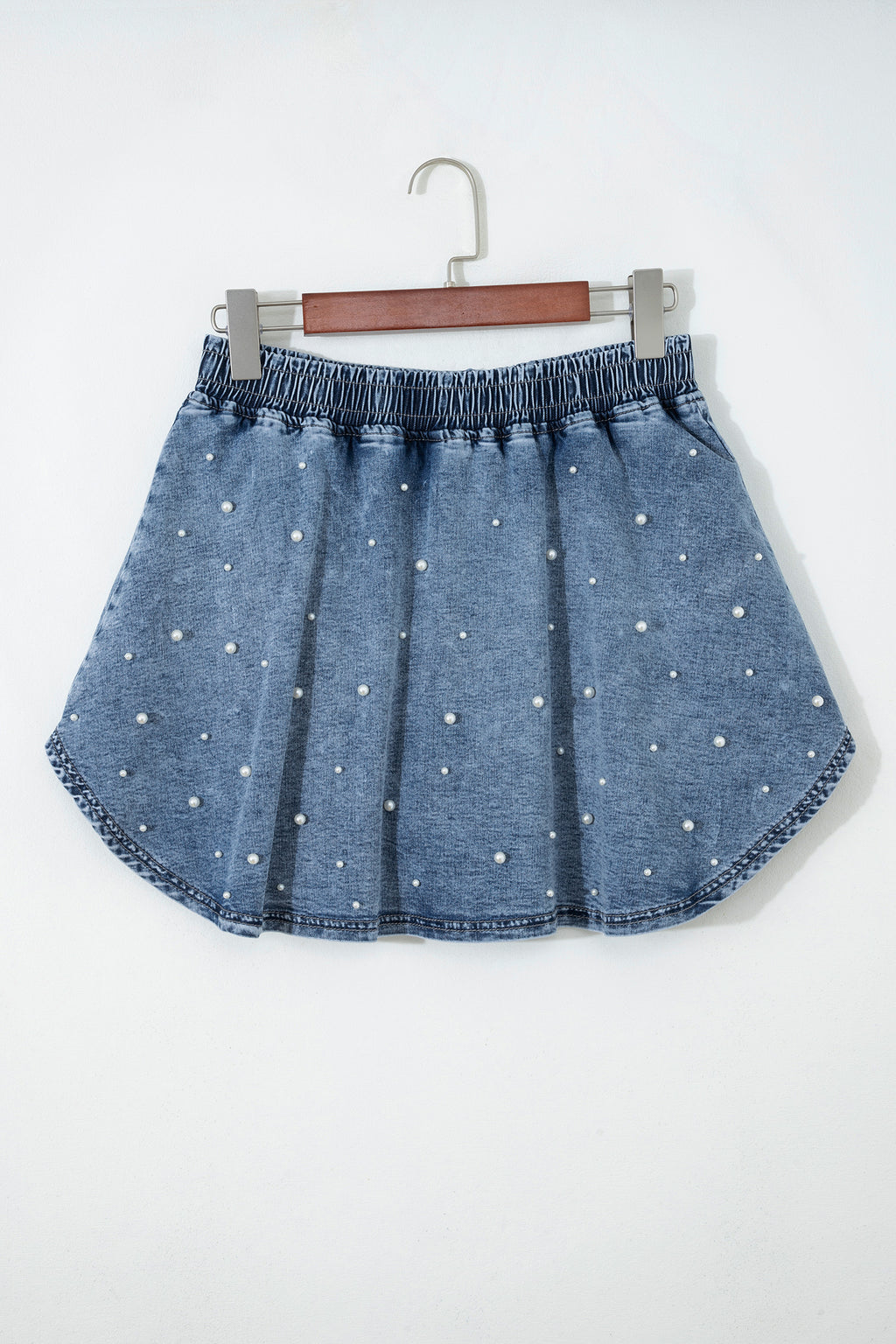 Ashleigh Blue Denim Pearl Embellished Elastic Waist Mini Skort