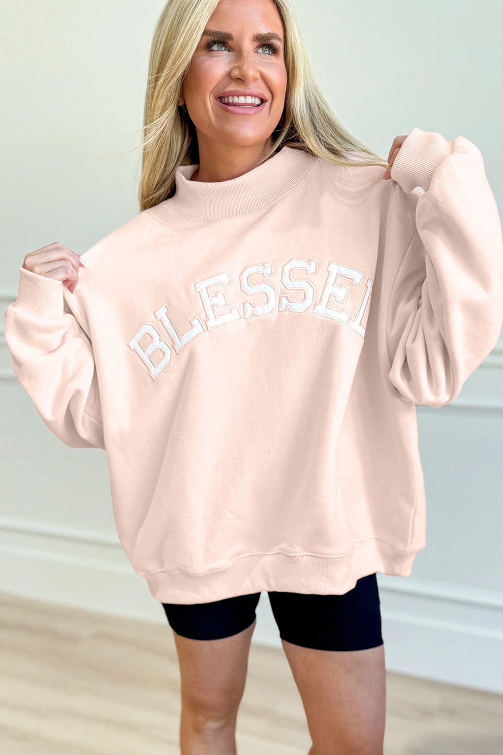 Light Pink Oversize Blessed Embroidered Mock Neck Sweatshirt