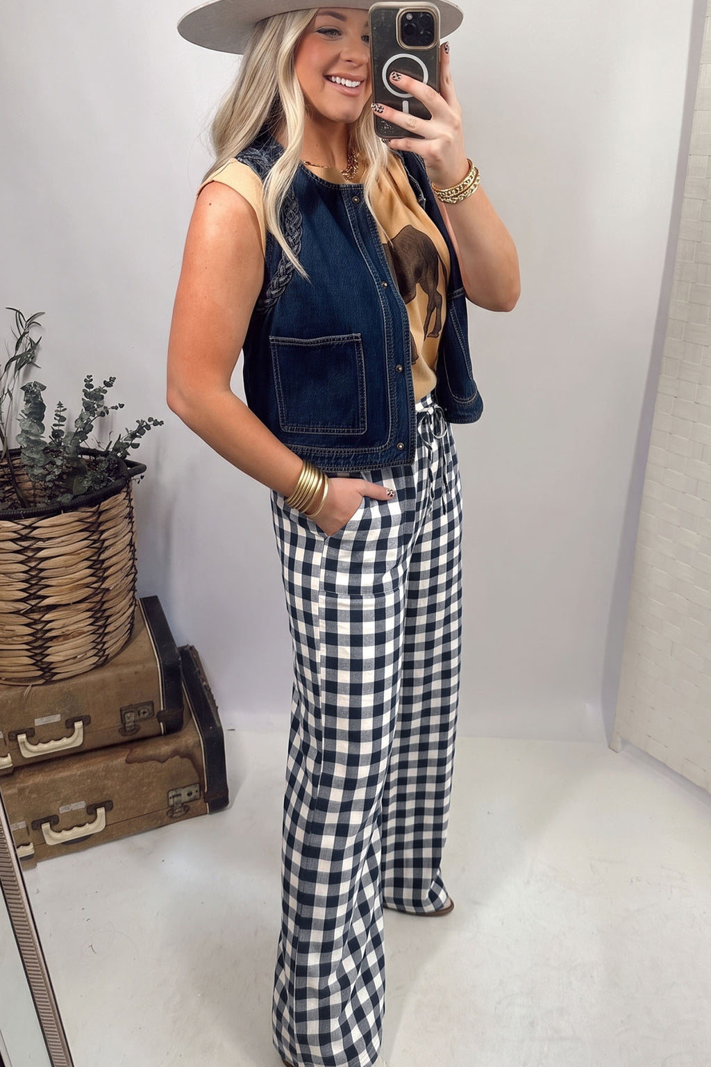 Red Gingham Plaid Tie Elastic Waist Shift Pants