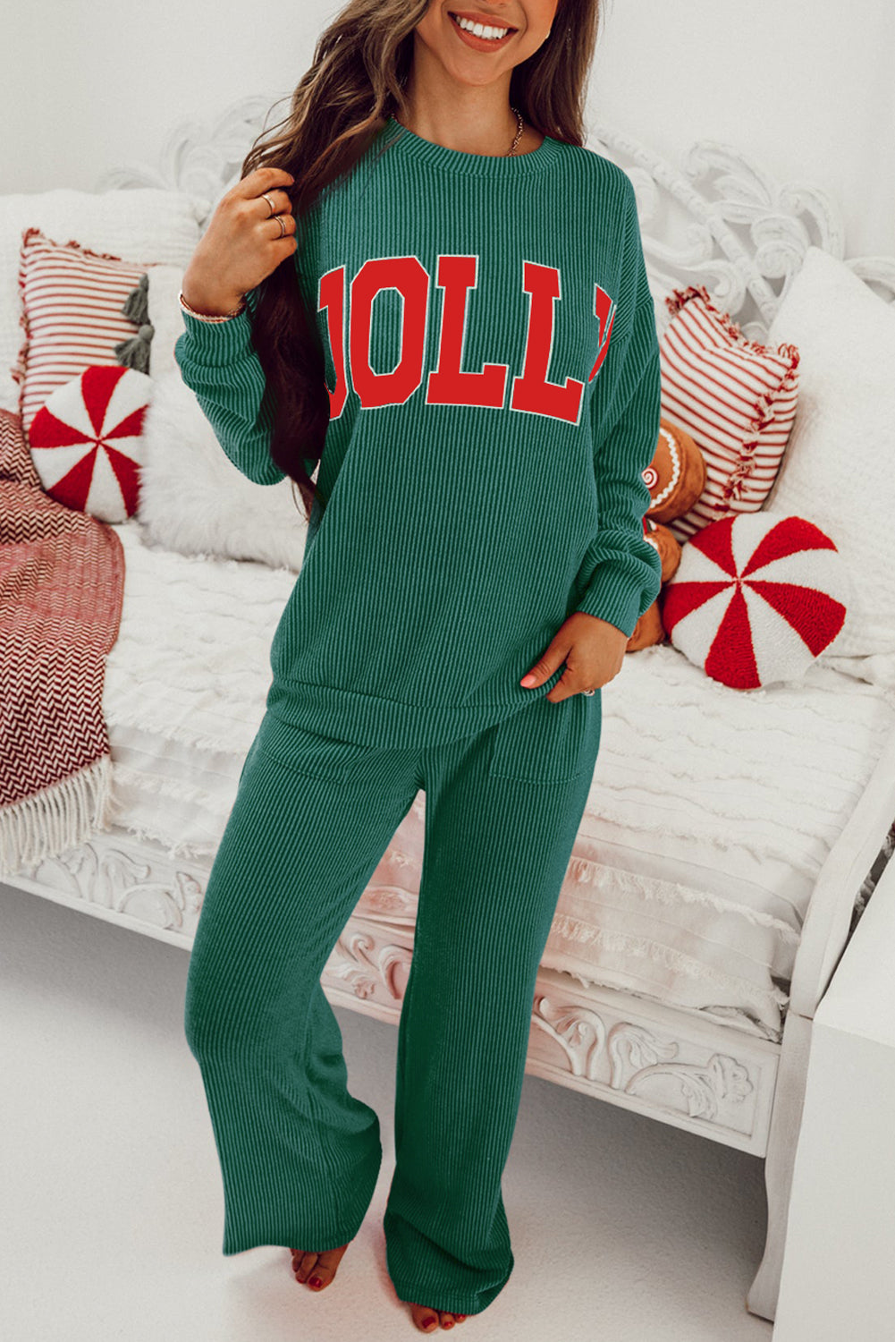 Dark Green MERRY Corded Long Sleeve Top and Pockets Pants Set