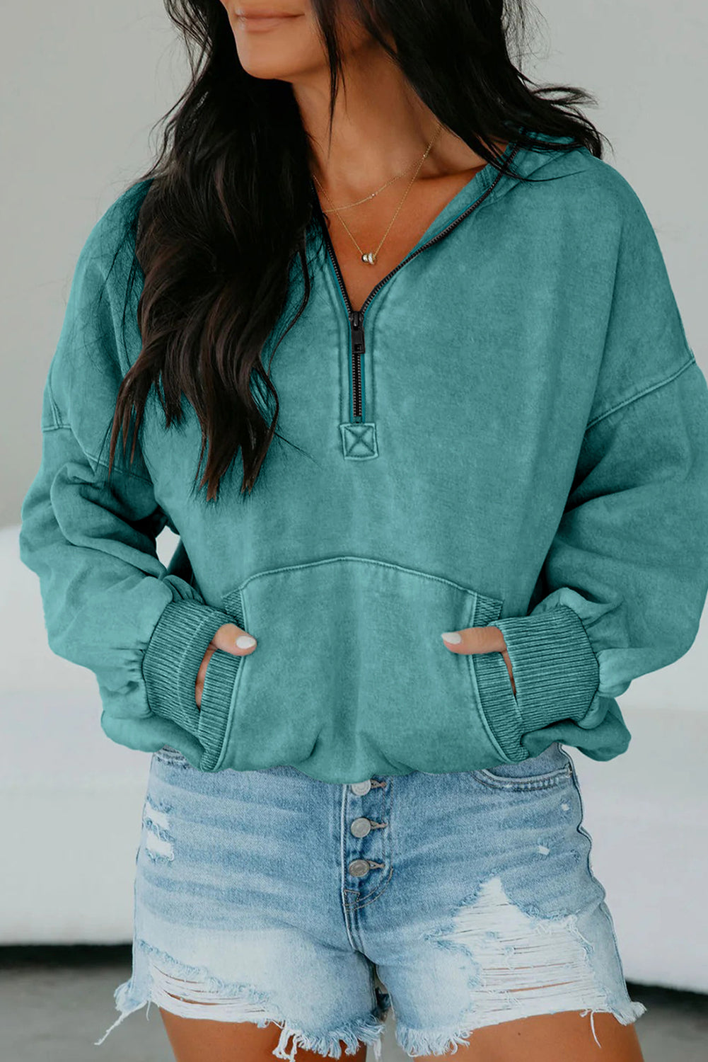 Ashleigh Blue Half Zip Kangaroo Pocket Mineral Wash Baggy Hoodie