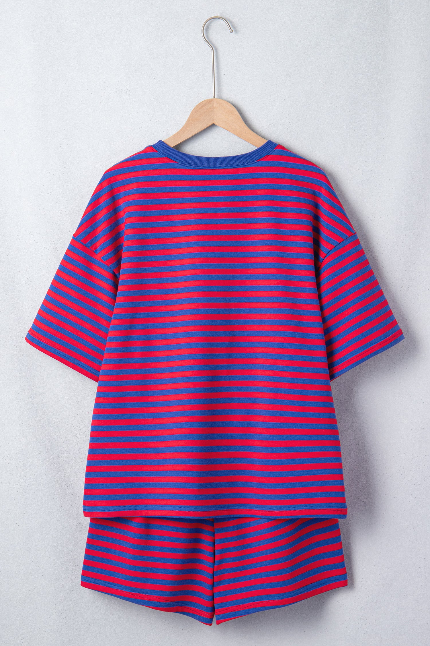 Blue Stripe Striped Ribbed Cotton Two-Piece Short Set with Chest Patch Detail