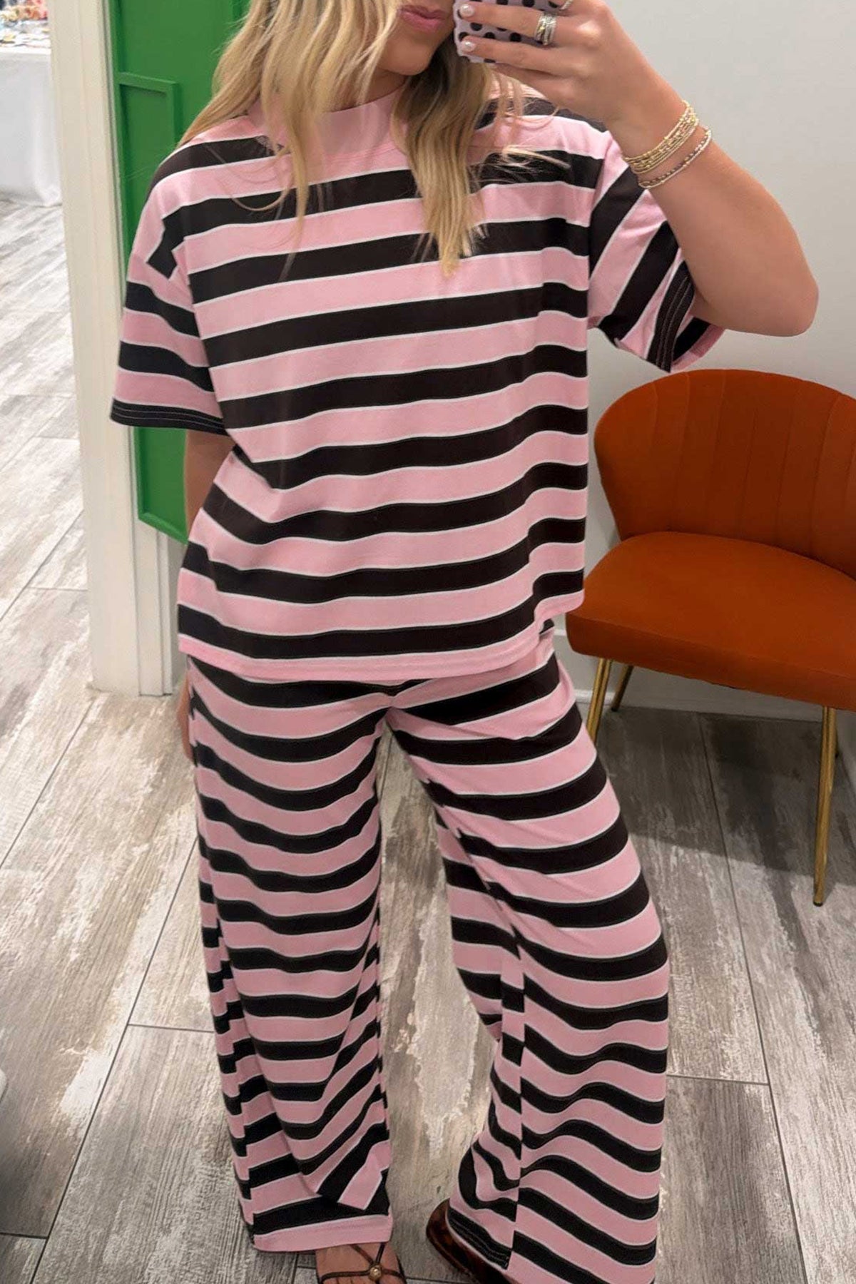 Pink Stripe Loose Tee and Pants Two Piece Set