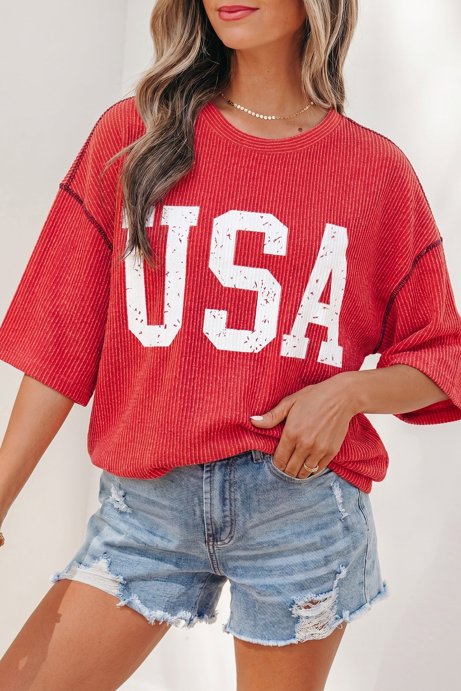 White USA Graphic Half Sleeve Loose Ribbed Top