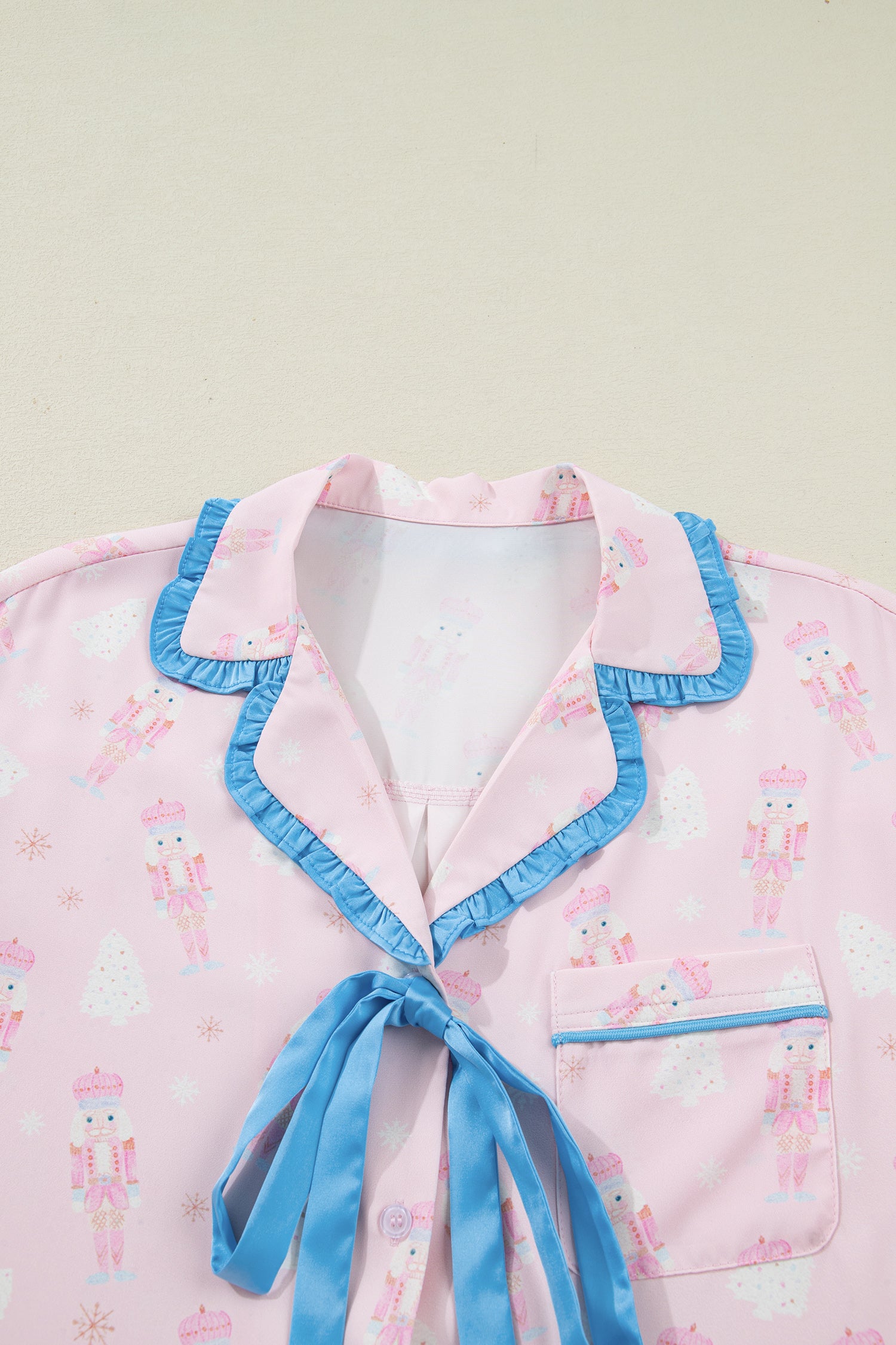 Pink Bow Tie Front Christmas Nutcracker Long Sleeve Shirt Shorts Pajama Set