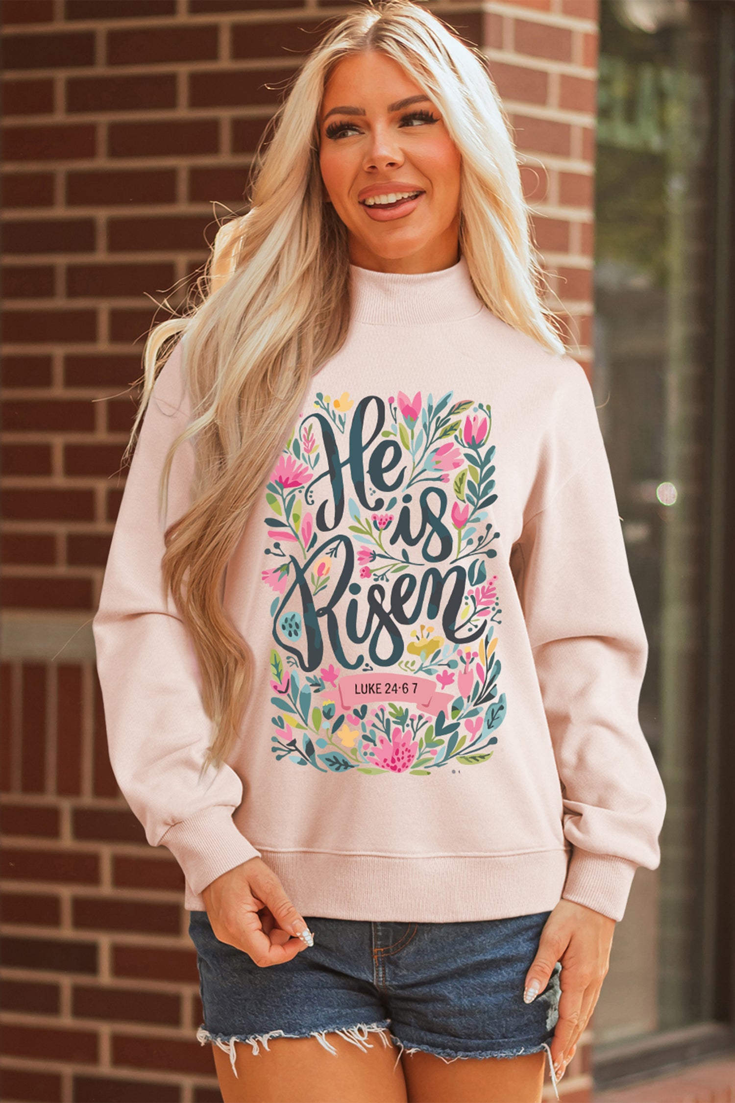 Apricot Pink He is Risen Floral Christian Easter Mock Neck Sweatshirt