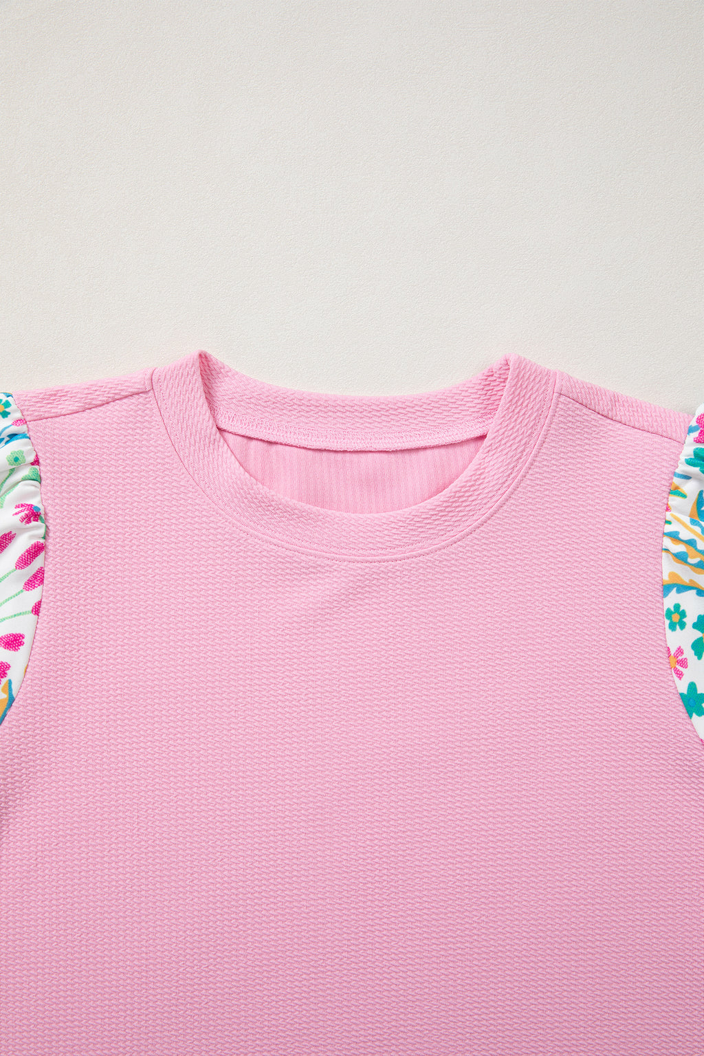 Light Blue Round Neck Textured Contrast Floral Bubble Sleeve Blouse