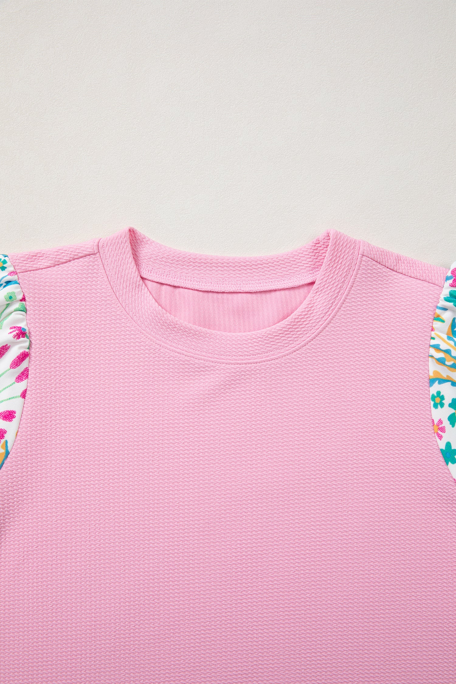 Light Blue Round Neck Textured Contrast Floral Bubble Sleeve Blouse