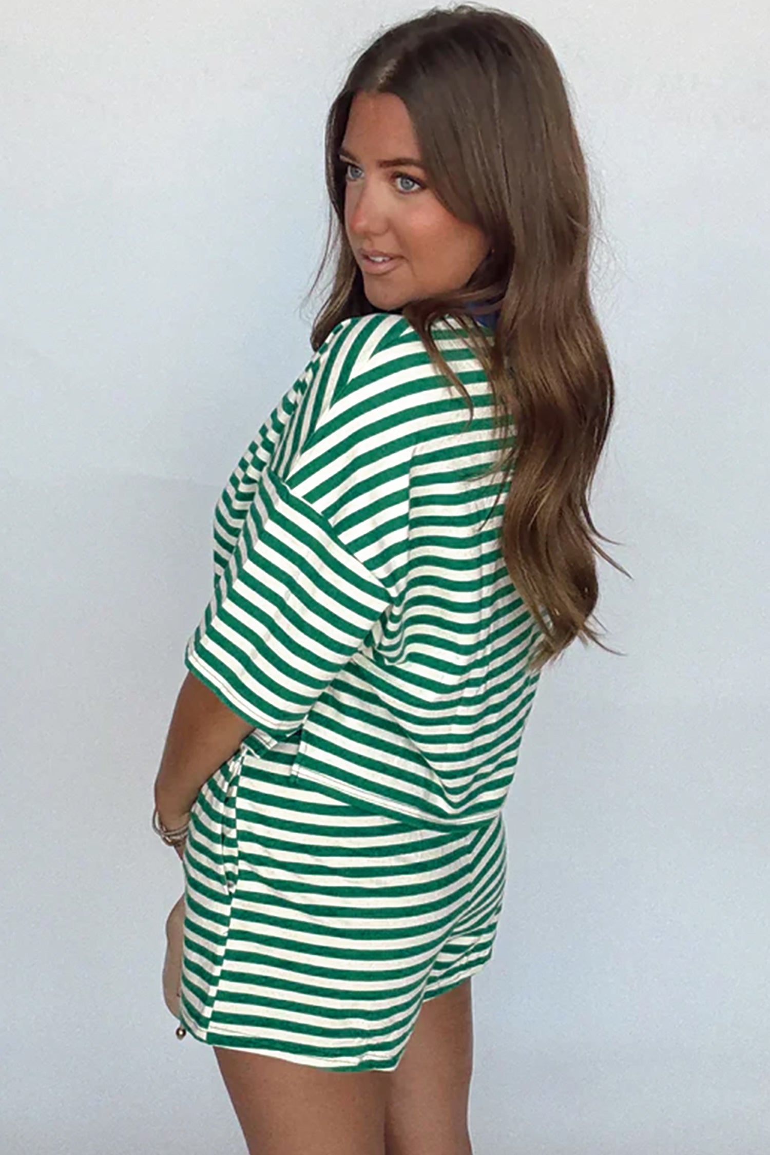 Yellow Stripe Drop Shoulder Boxy Casual Terry Short Set
