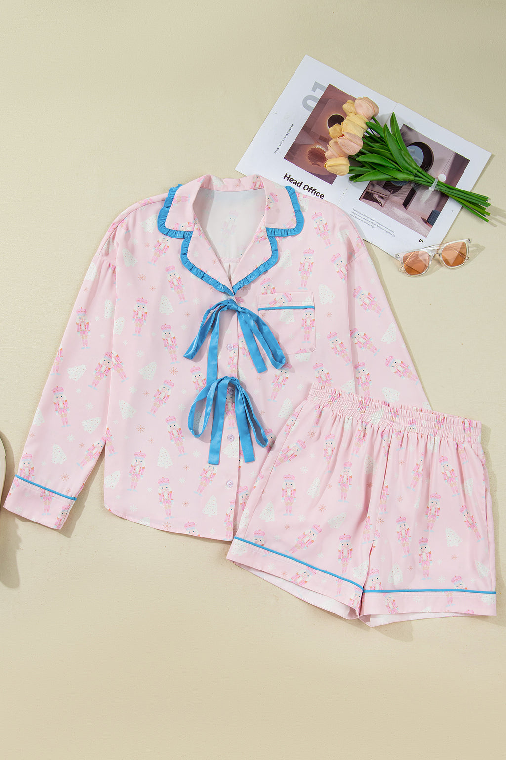 Pink Bow Tie Front Christmas Nutcracker Long Sleeve Shirt Shorts Pajama Set