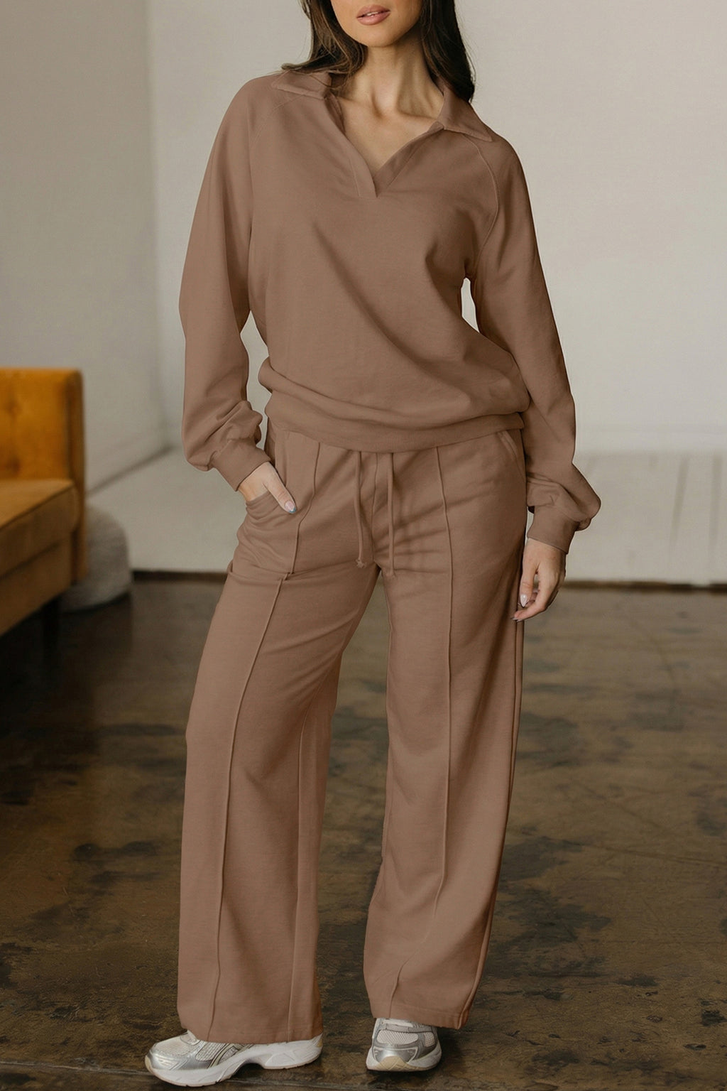 Bright Pink Polo Collar V Neck Pullover and Drawstring Sweatpants Set