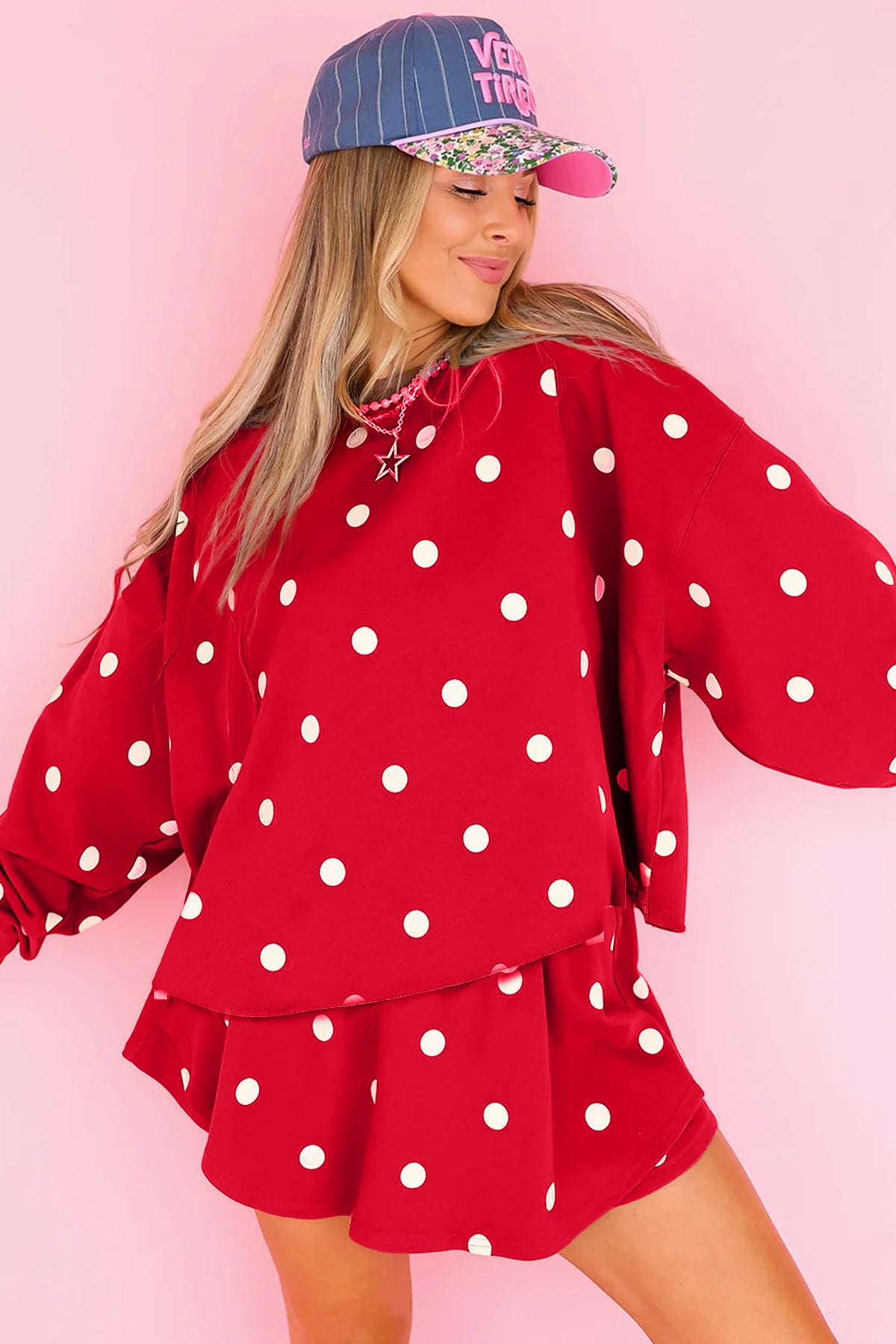 Black Polka Dot Raw Hem Relaxed Pullover Loose Skort Two Piece Set
