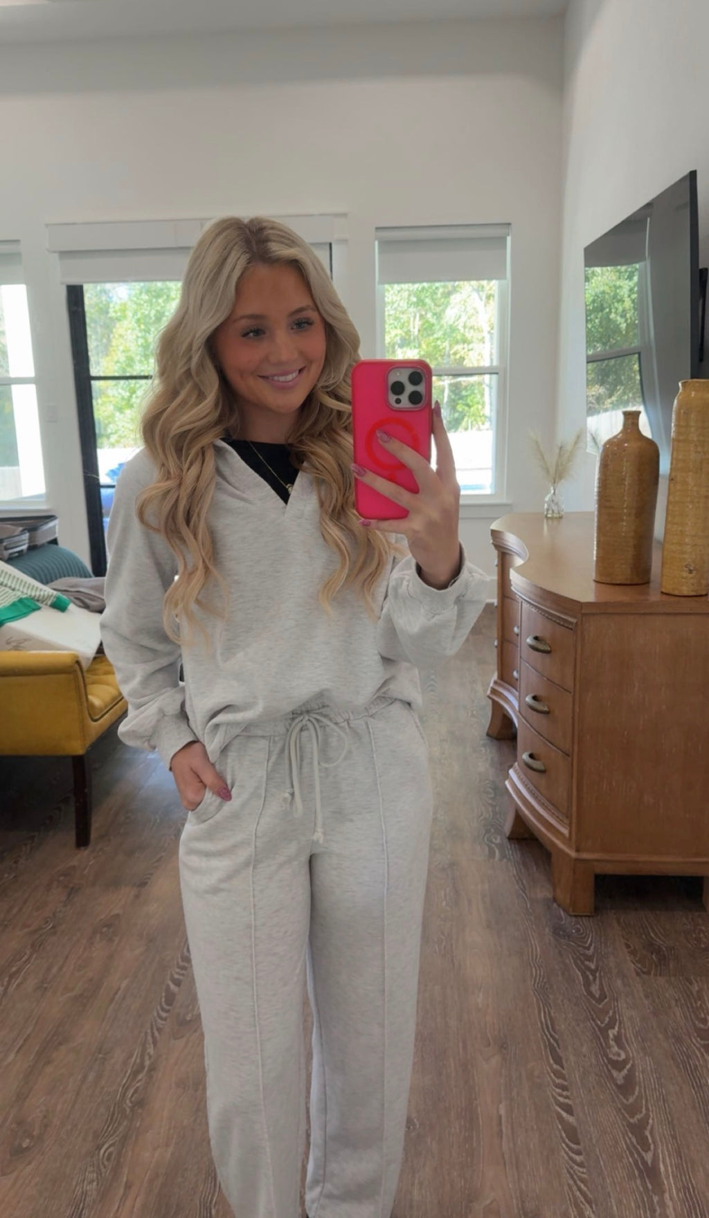 Light Grey Polo Collar V Neck Pullover and Drawstring Sweatpants Set