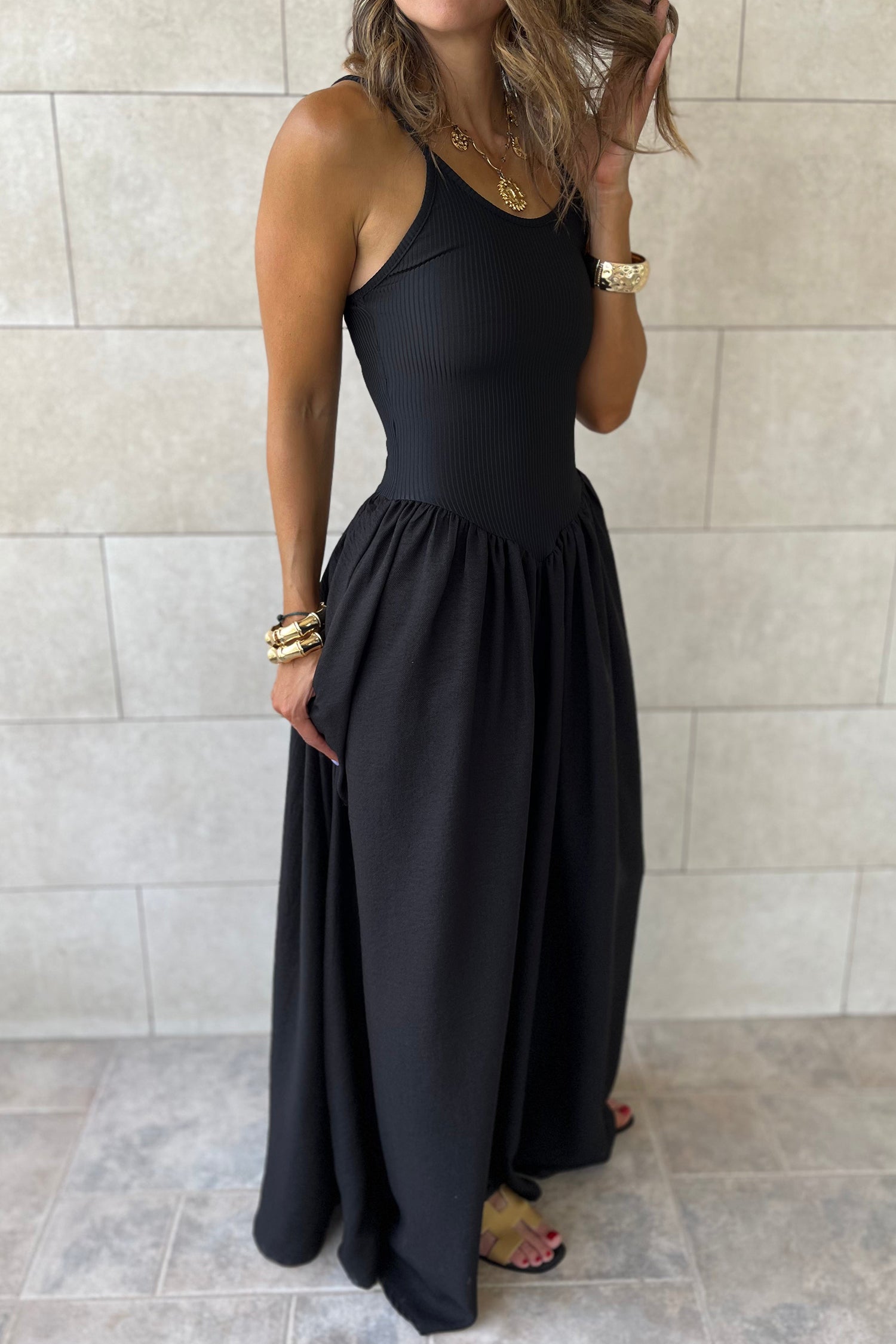 Black Spaghetti Straps Drop Waist Ribbed Patchwork Maxi Dress