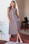 Red Plaid Print Full Zipper Cinched Waist Fit Flare Sleeveless Maxi Dress
