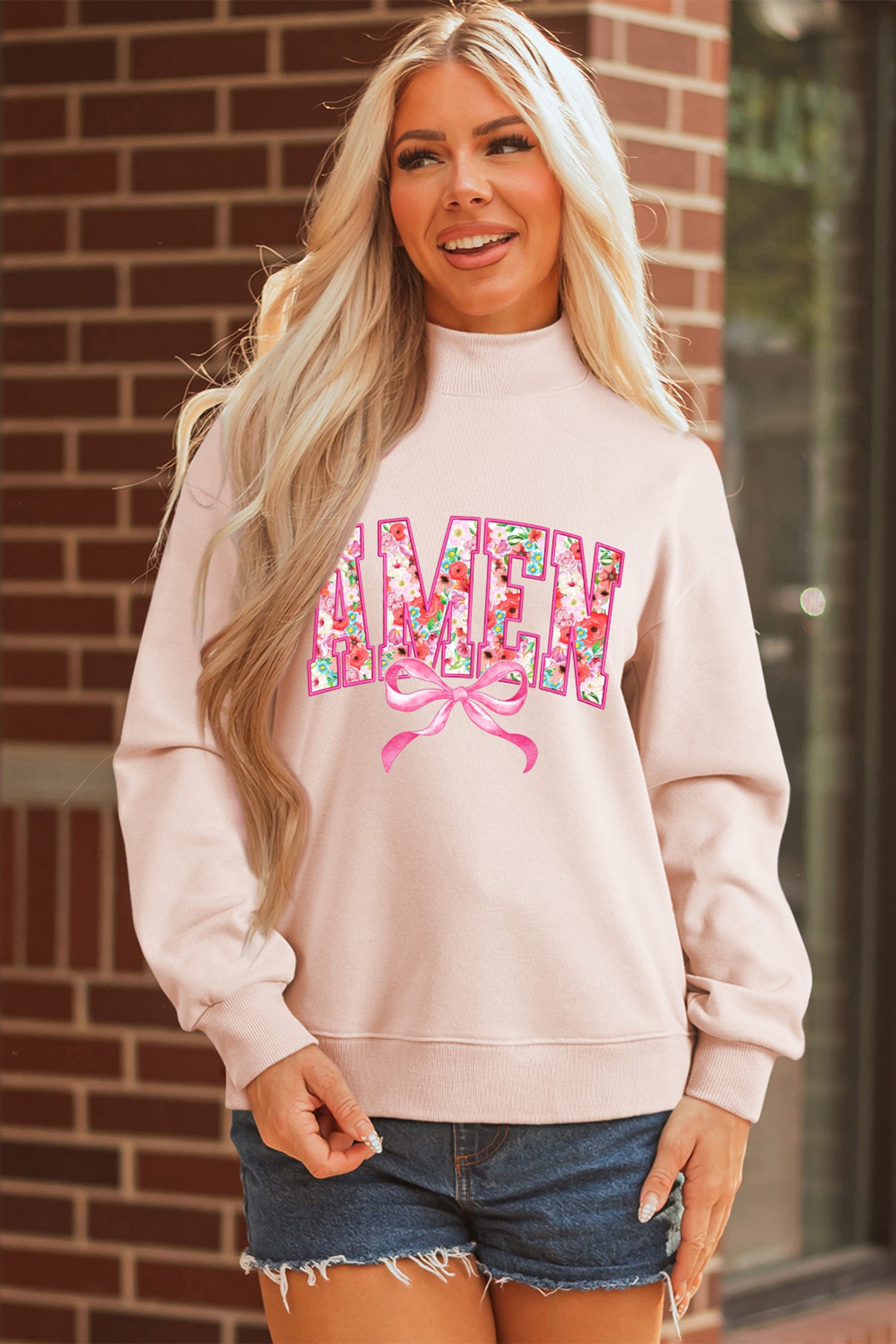 Apricot Pink AMEN Floral Bow Printed Mock Neck Sweatshirt