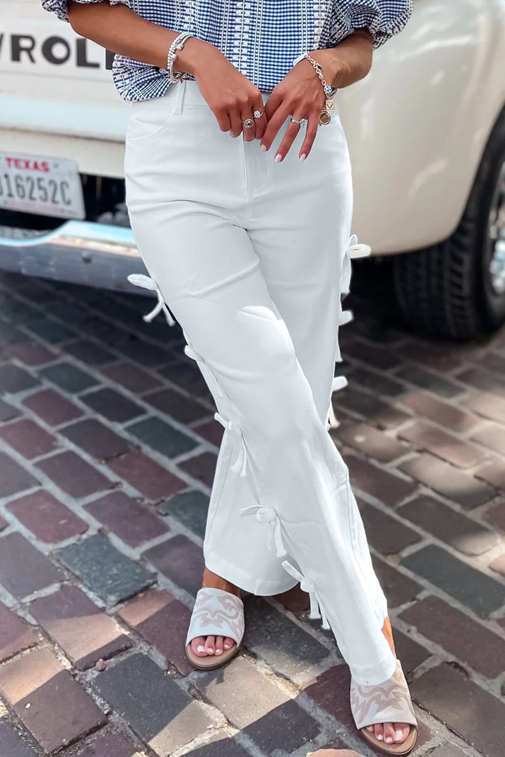 White Bow Knot Side Detail Straight Leg Loose Jeans