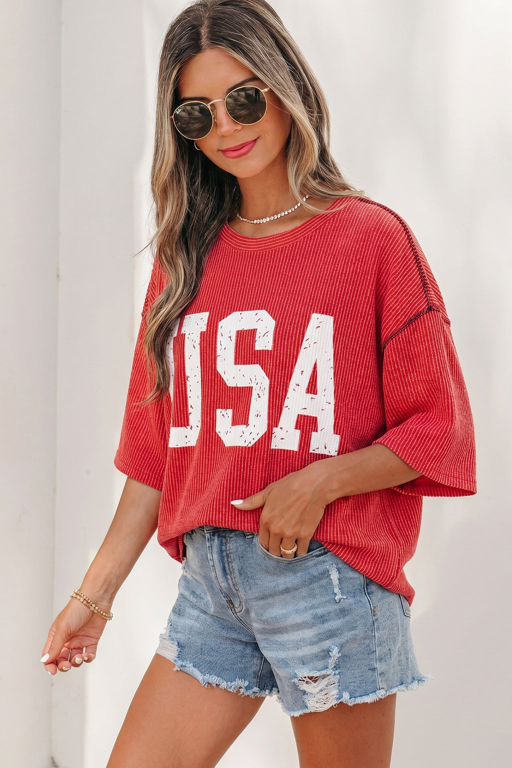 White USA Graphic Half Sleeve Loose Ribbed Top