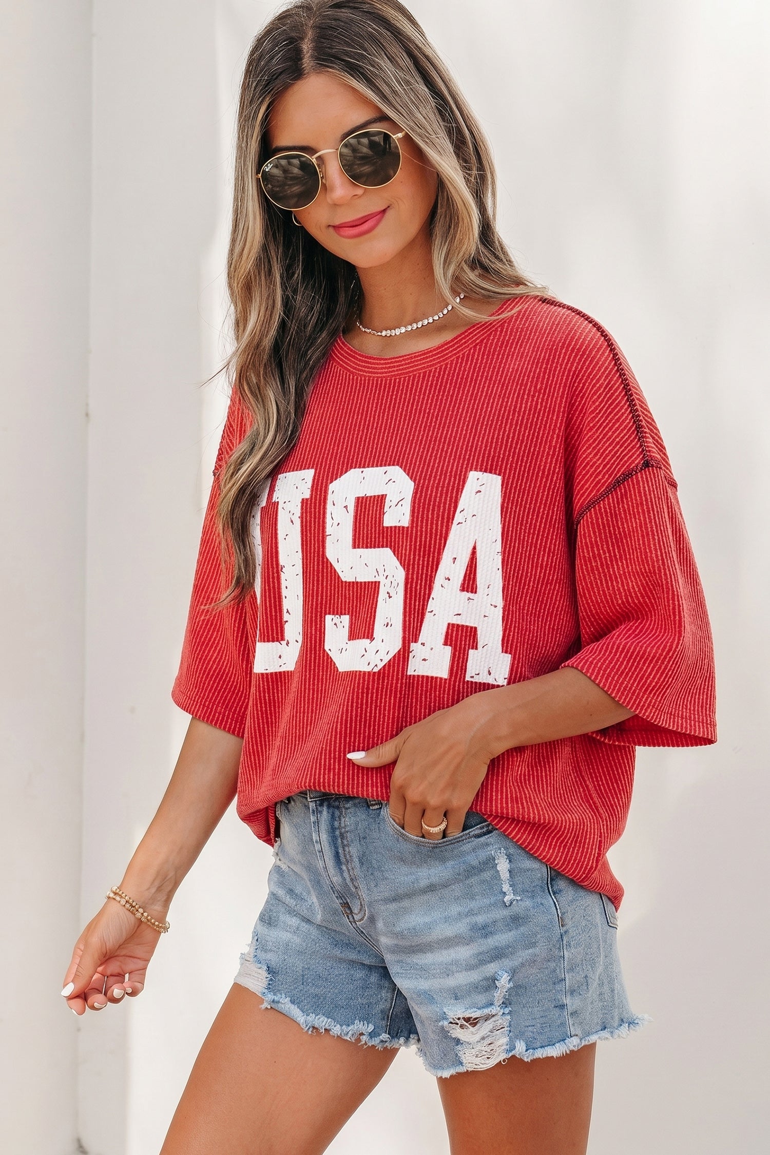 White USA Graphic Half Sleeve Loose Ribbed Top