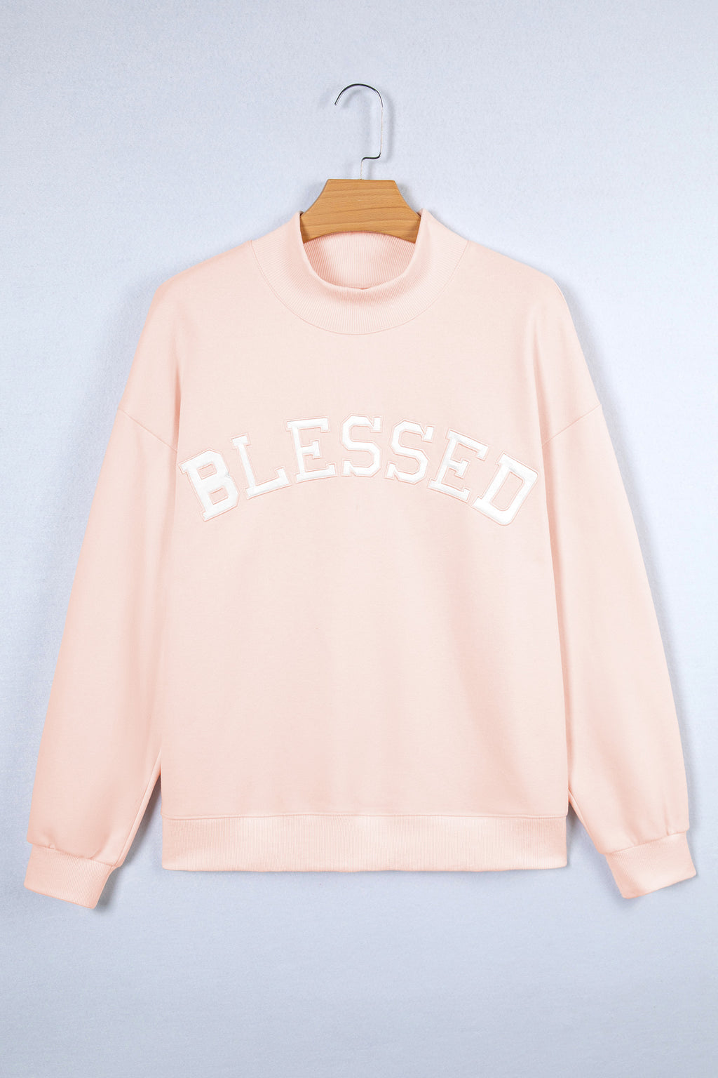 Light Pink Oversize Blessed Embroidered Mock Neck Sweatshirt