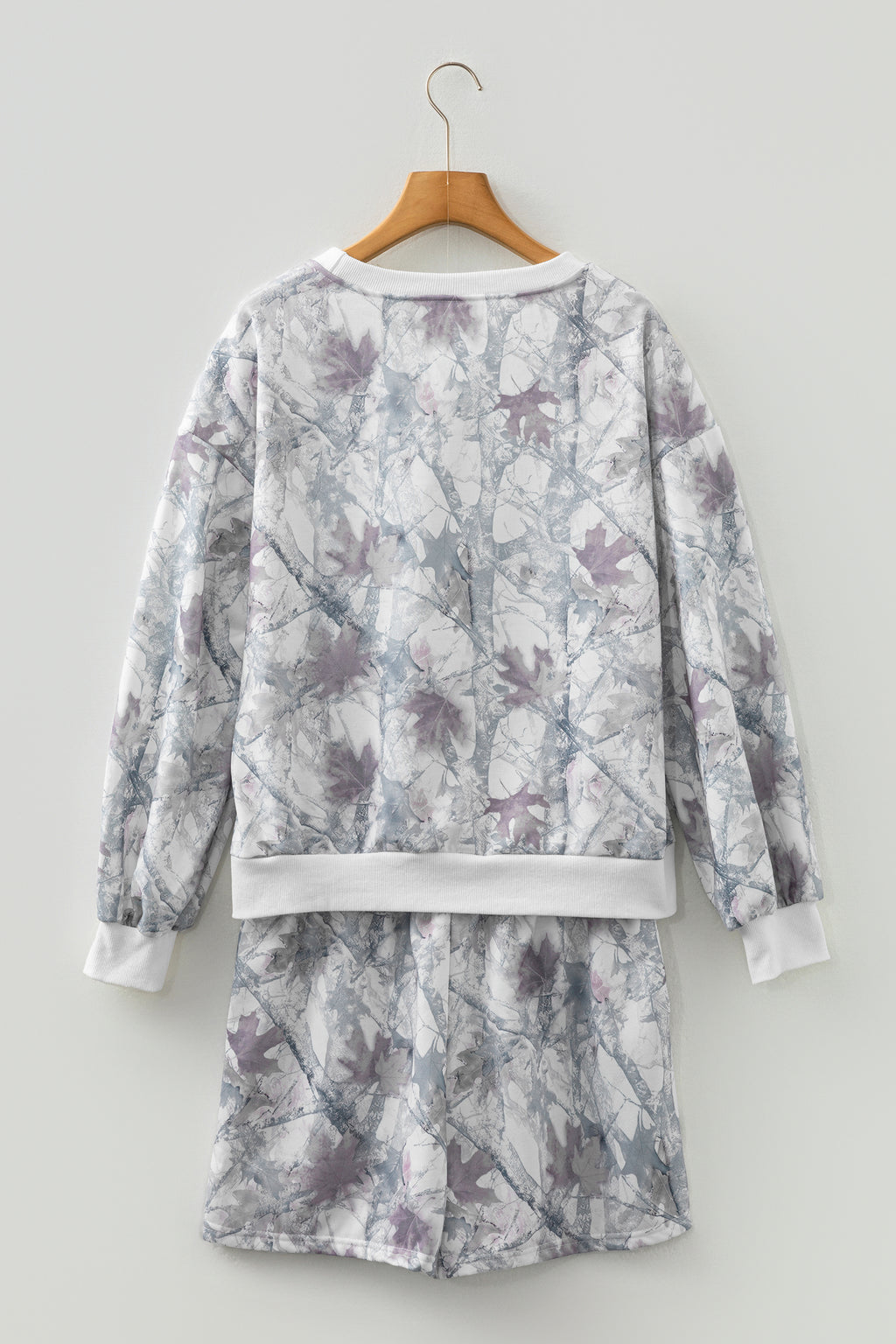 Light Grey Abstract Woodland Camo Print Baggy Pullover Drawstring Shorts Set