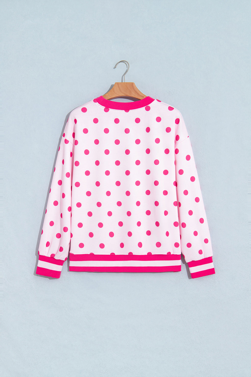 Pink Polka Dot Colorblock Round Neck Pullover Sweatshirt