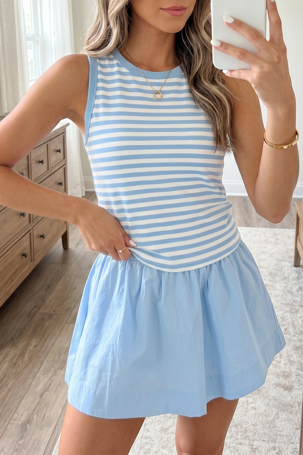 Sky Blue Stripe Slim Tank Contrast Ruffle Mini Skirt Set