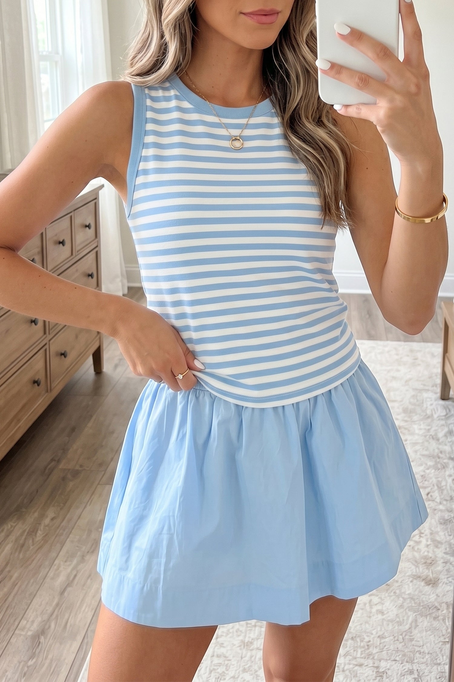 Sky Blue Stripe Slim Tank Contrast Ruffle Mini Skirt Set
