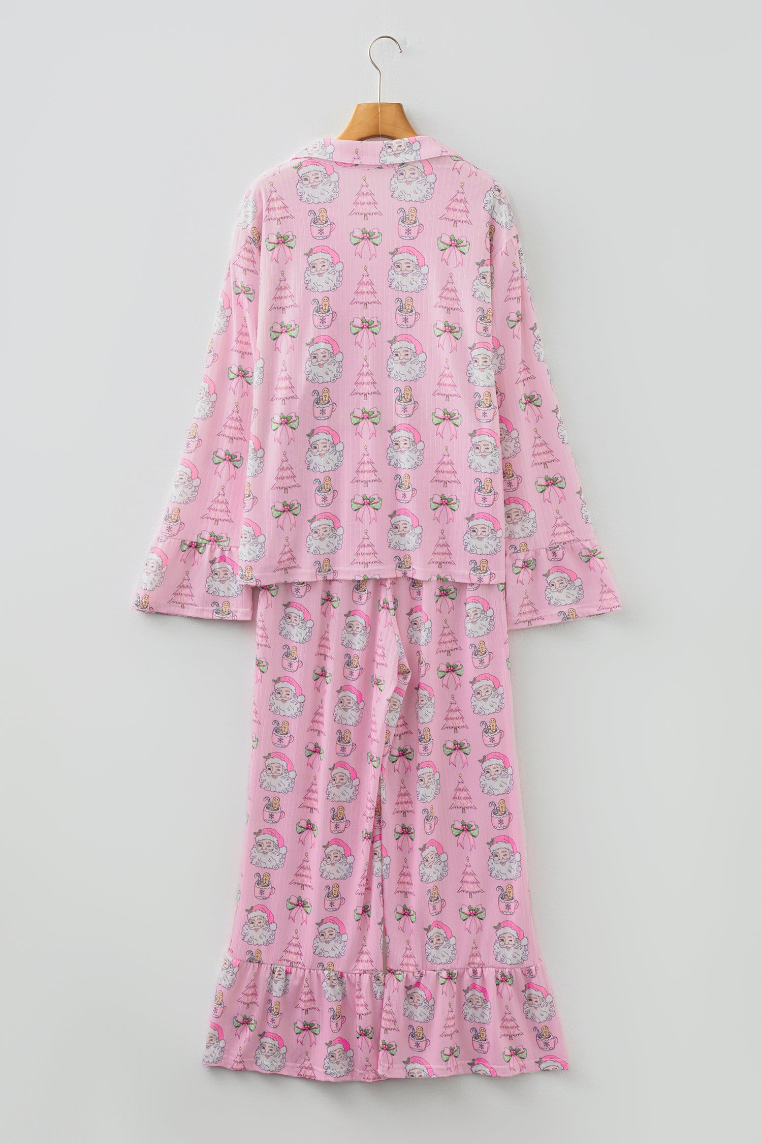 Pink Christmas Print Ruffled Ribbed Shirt & Pants 2 Piece PJ Set