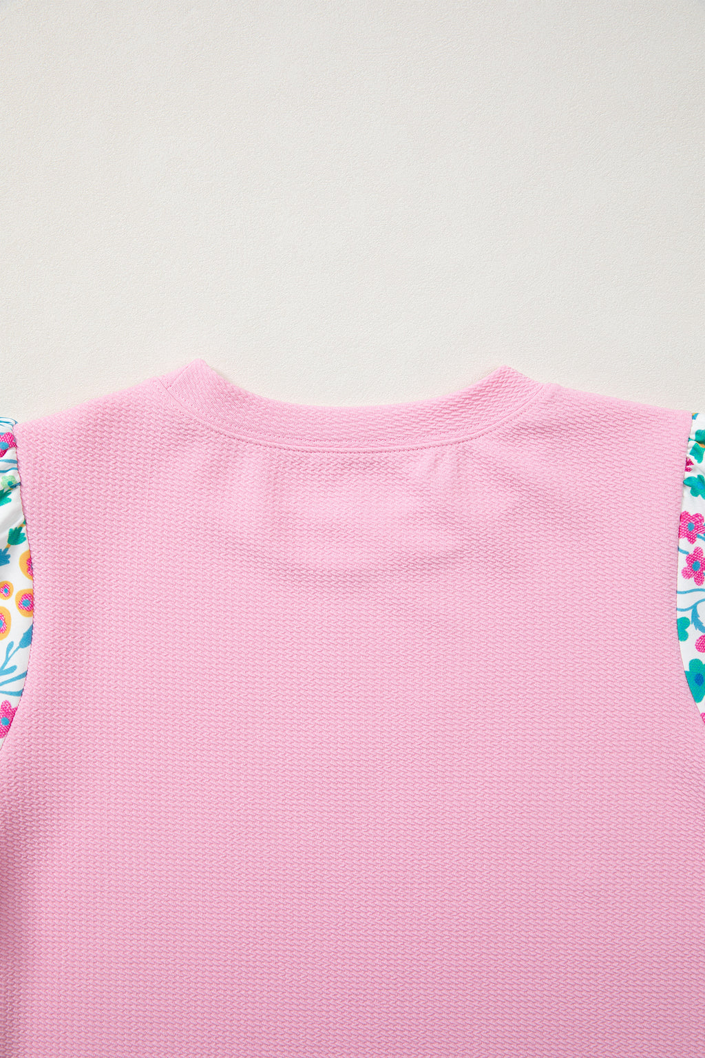 Light Blue Round Neck Textured Contrast Floral Bubble Sleeve Blouse