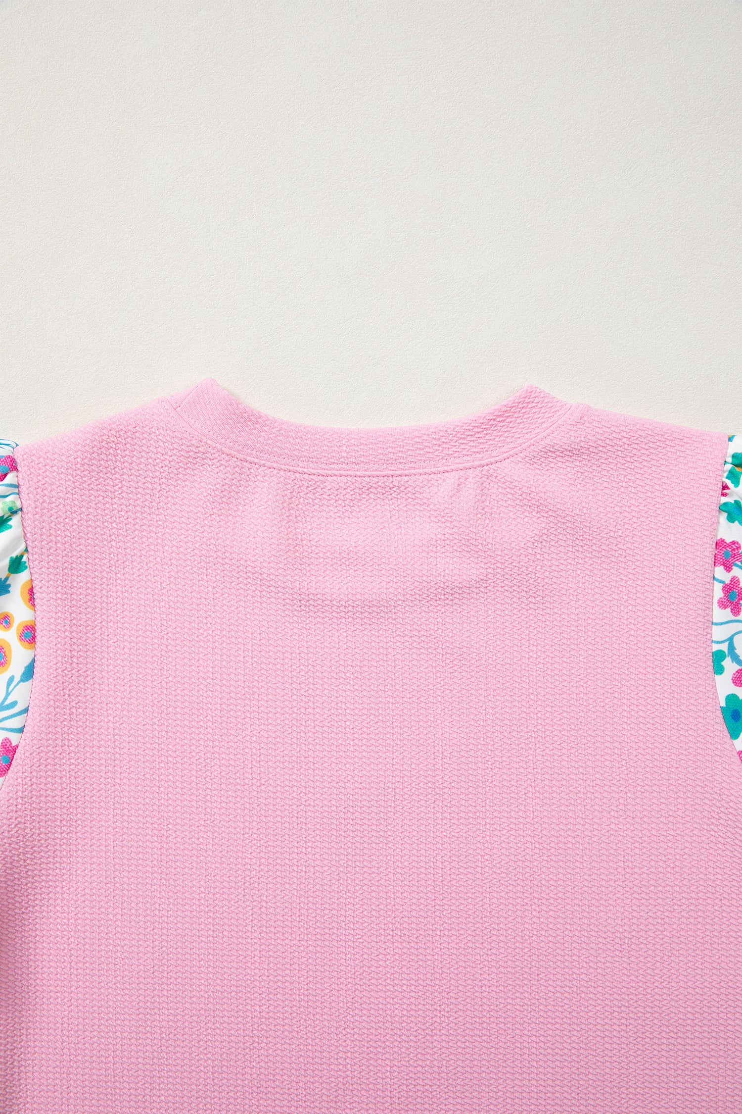 Light Blue Round Neck Textured Contrast Floral Bubble Sleeve Blouse